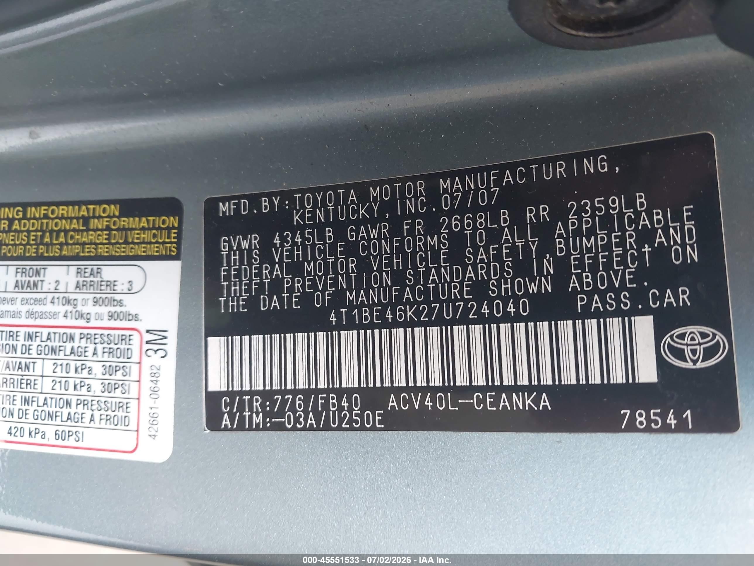 2007 Toyota Camry Le Gray vin: 4T1BE46K27U724040