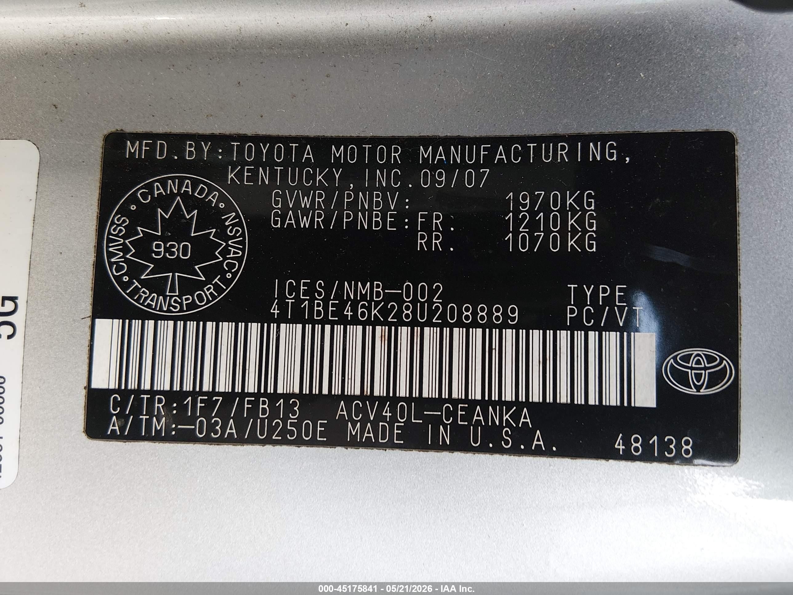 2008 Toyota Camry Le Silver vin: 4T1BE46K28U208889