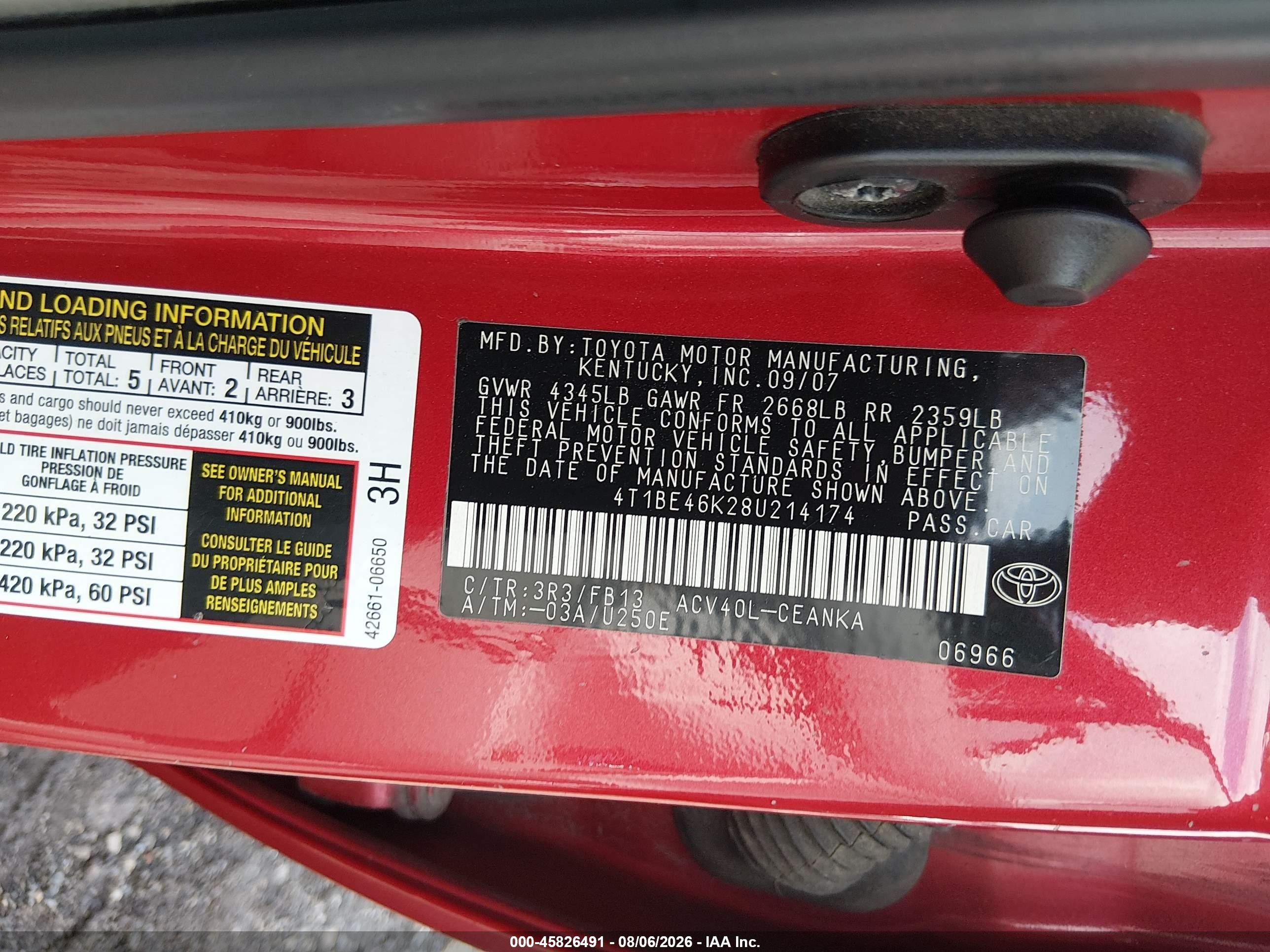 2008 Toyota Camry Le Red vin: 4T1BE46K28U214174