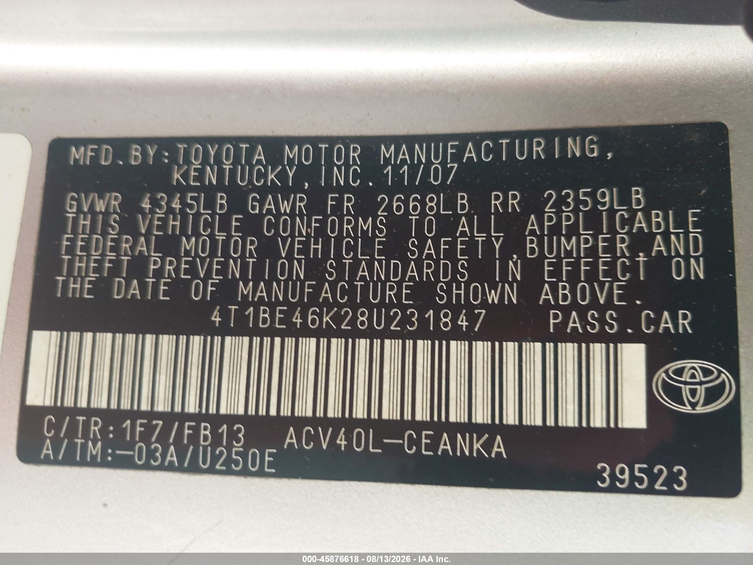 2008 Toyota Camry   Silver vin: 4T1BE46K28U231847