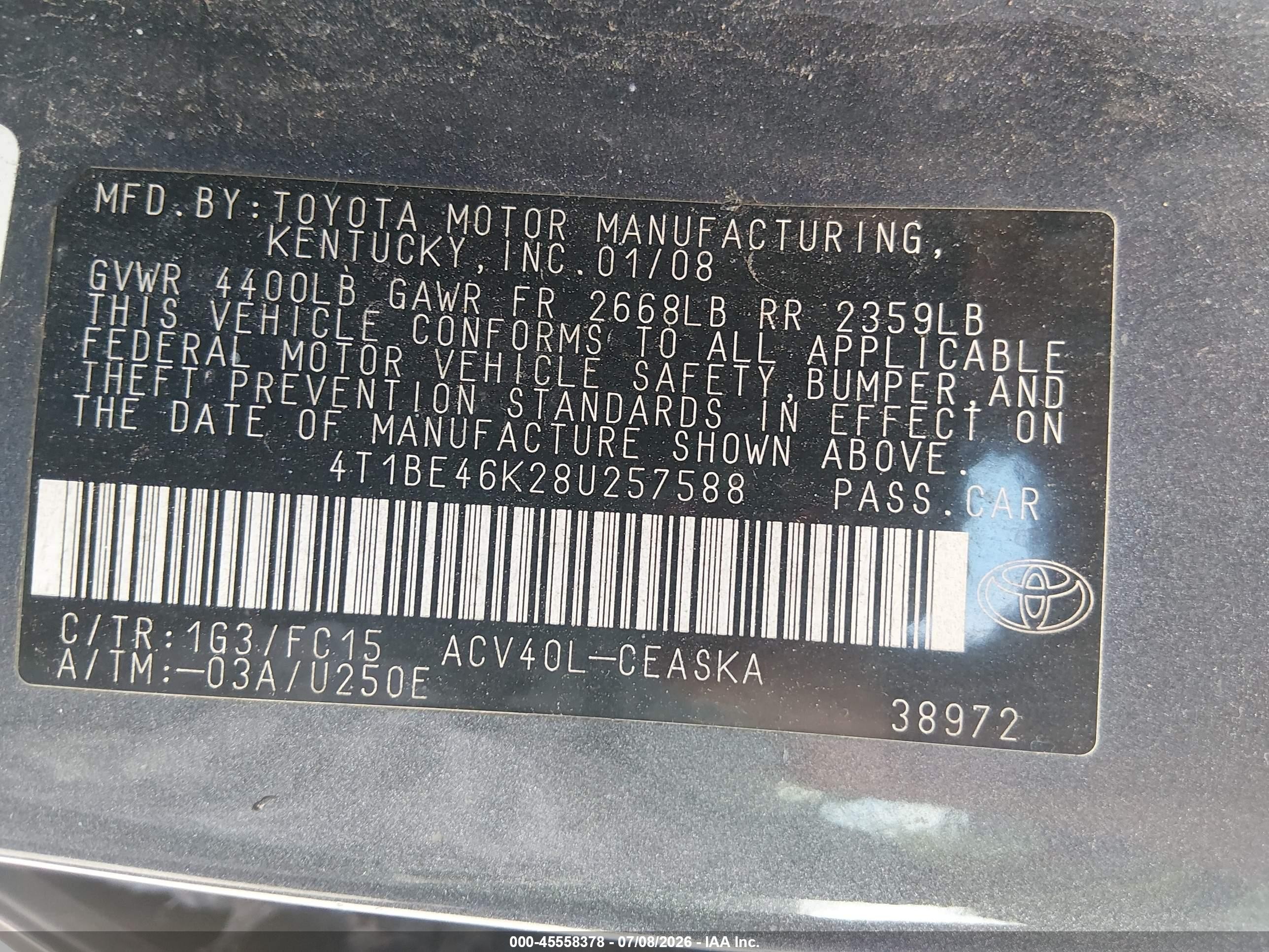 2008 Toyota Camry Se Серый vin: 4T1BE46K28U257588