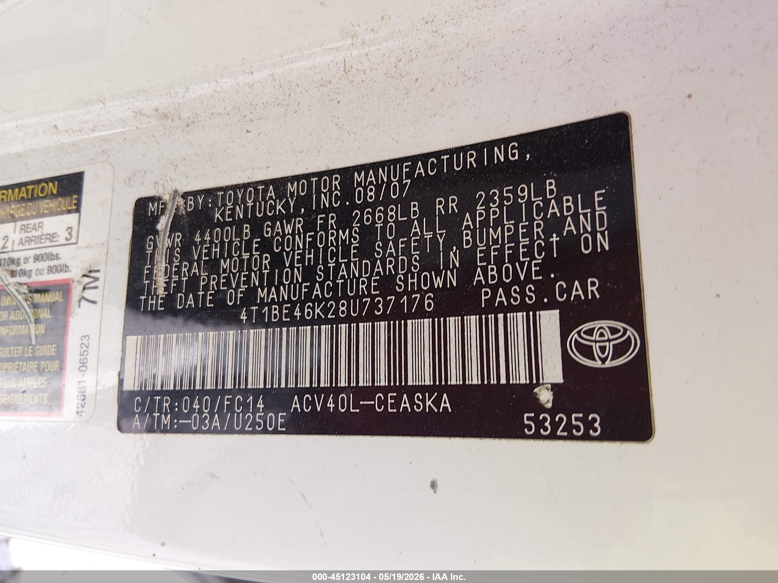2008 Toyota Camry Se Белый vin: 4T1BE46K28U737176