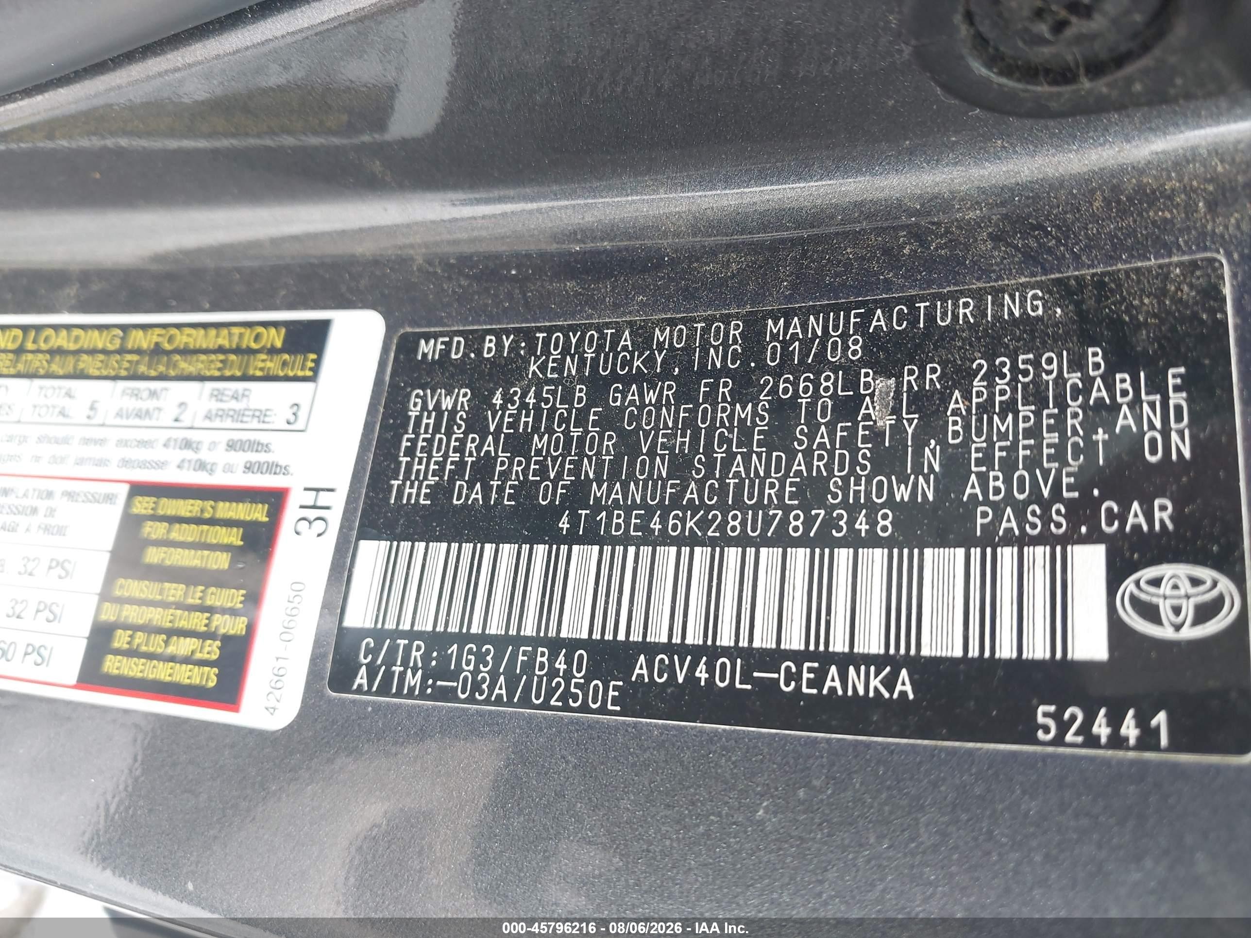 2008 Toyota Camry Le Серый vin: 4T1BE46K28U787348