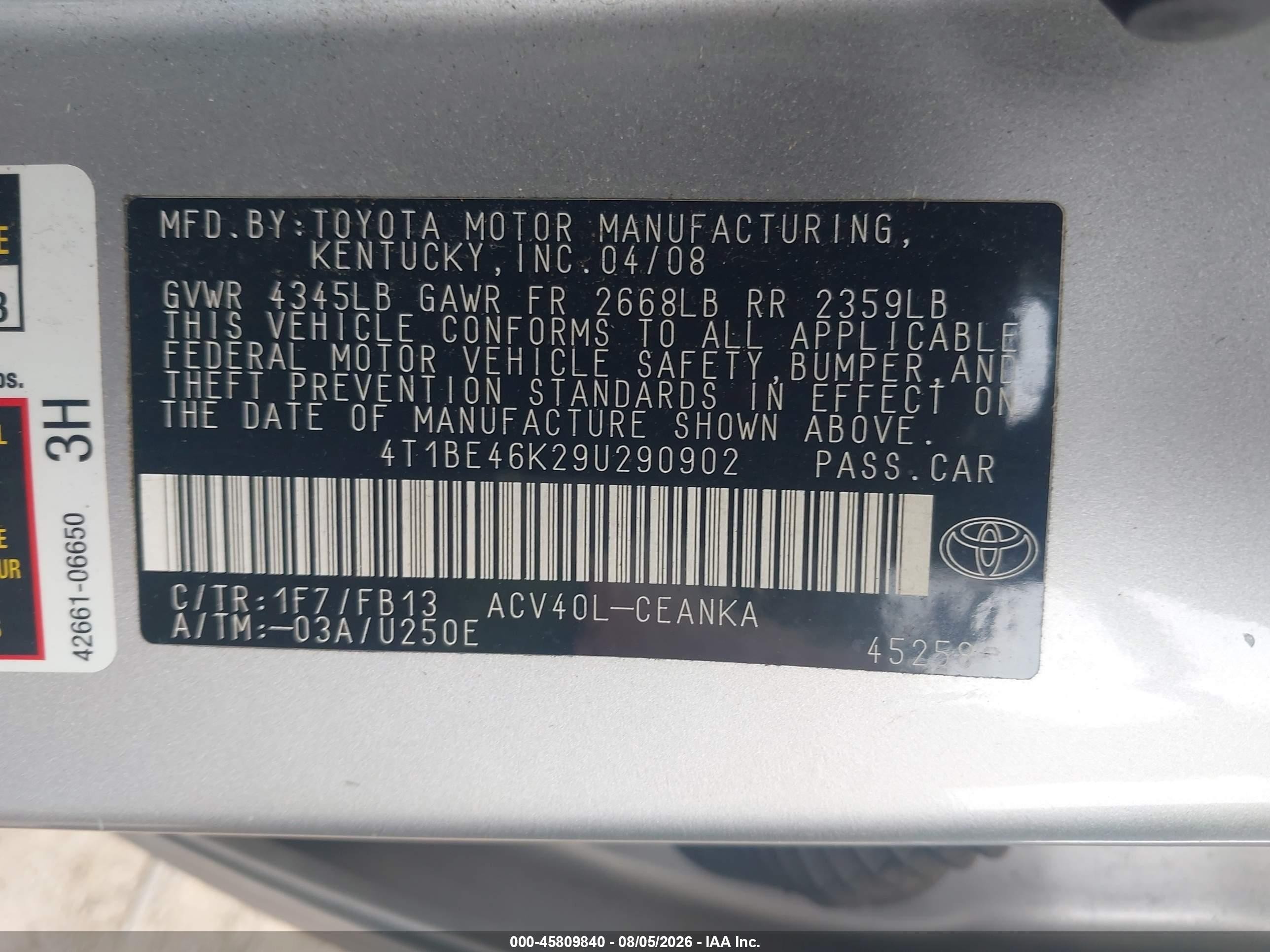 2009 Toyota Camry Le Серый vin: 4T1BE46K29U290902