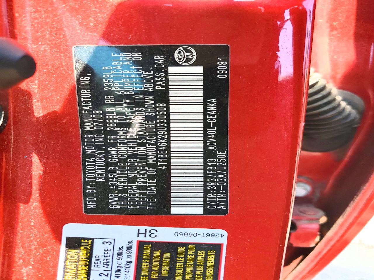 2009 Toyota Camry Le Red vin: 4T1BE46K29U330508