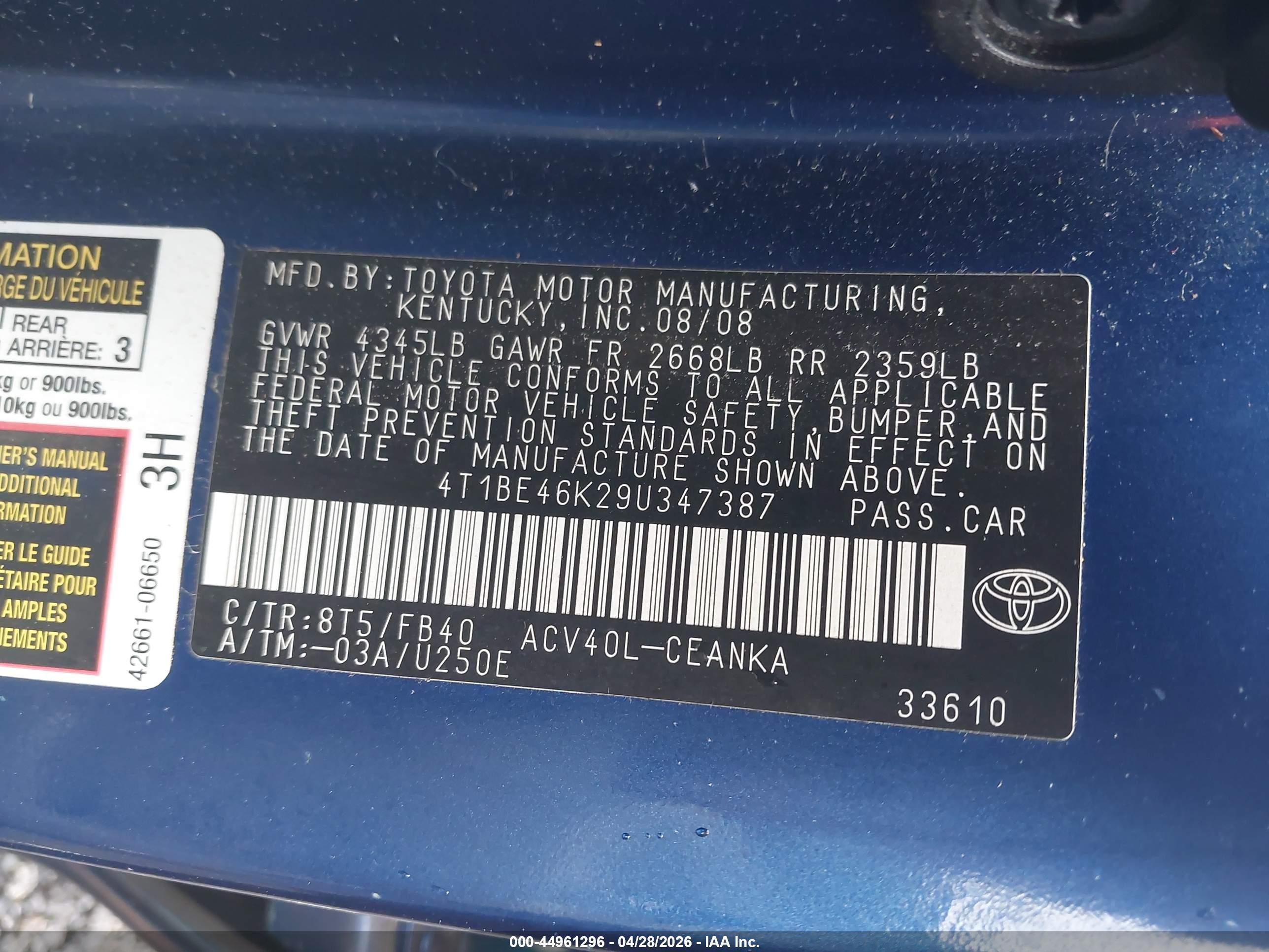 2009 Toyota Camry Le Синий vin: 4T1BE46K29U347387