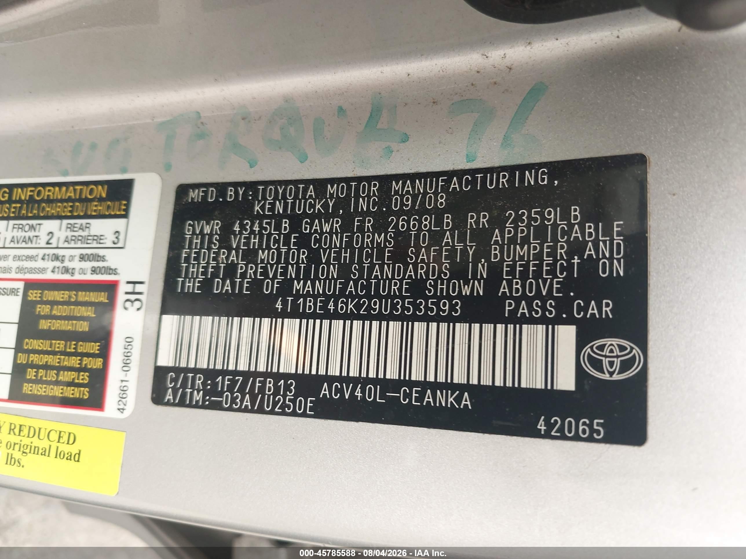 2009 Toyota Camry Le Silver vin: 4T1BE46K29U353593