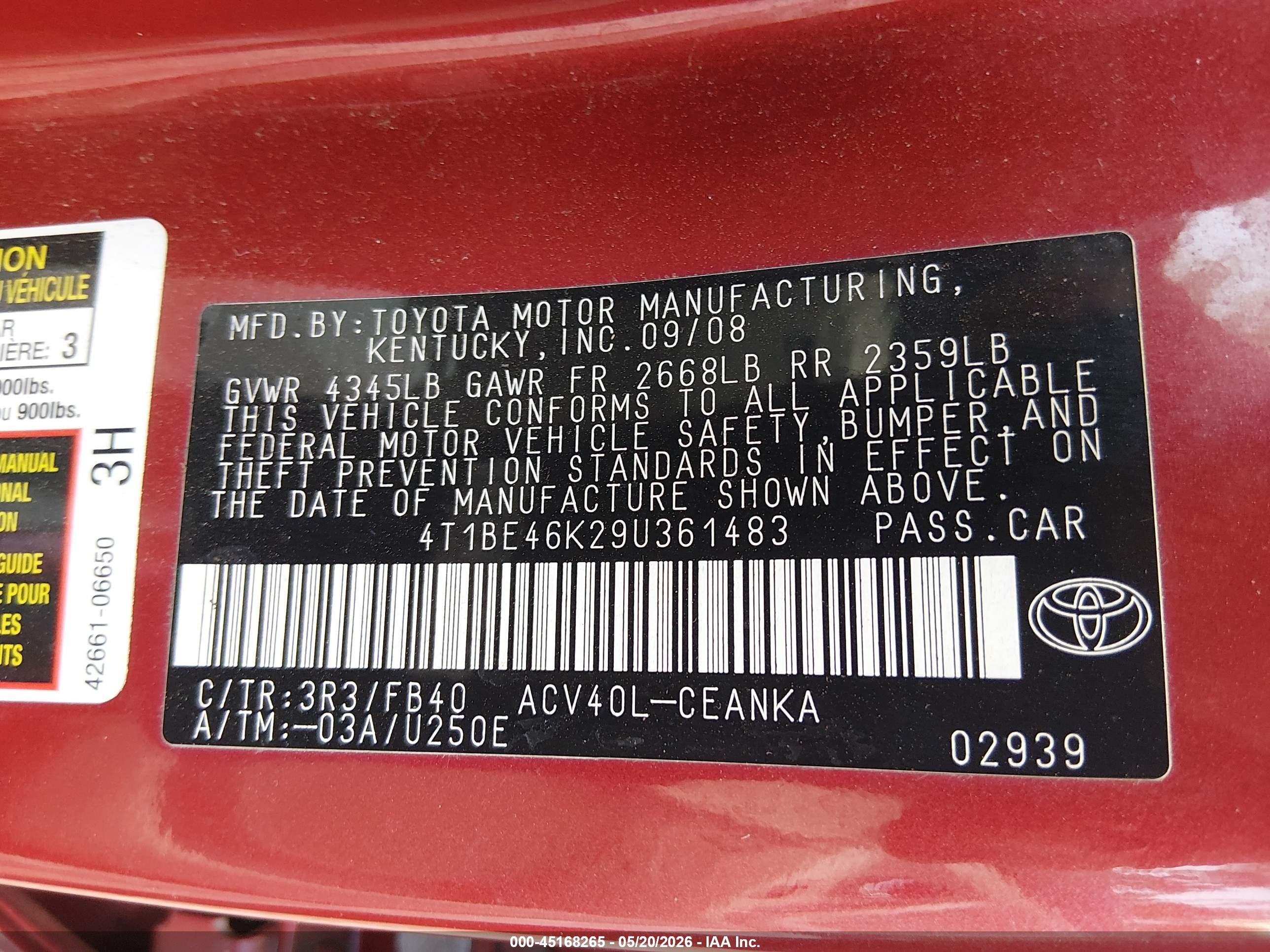 2009 Toyota Camry Le Red vin: 4T1BE46K29U361483