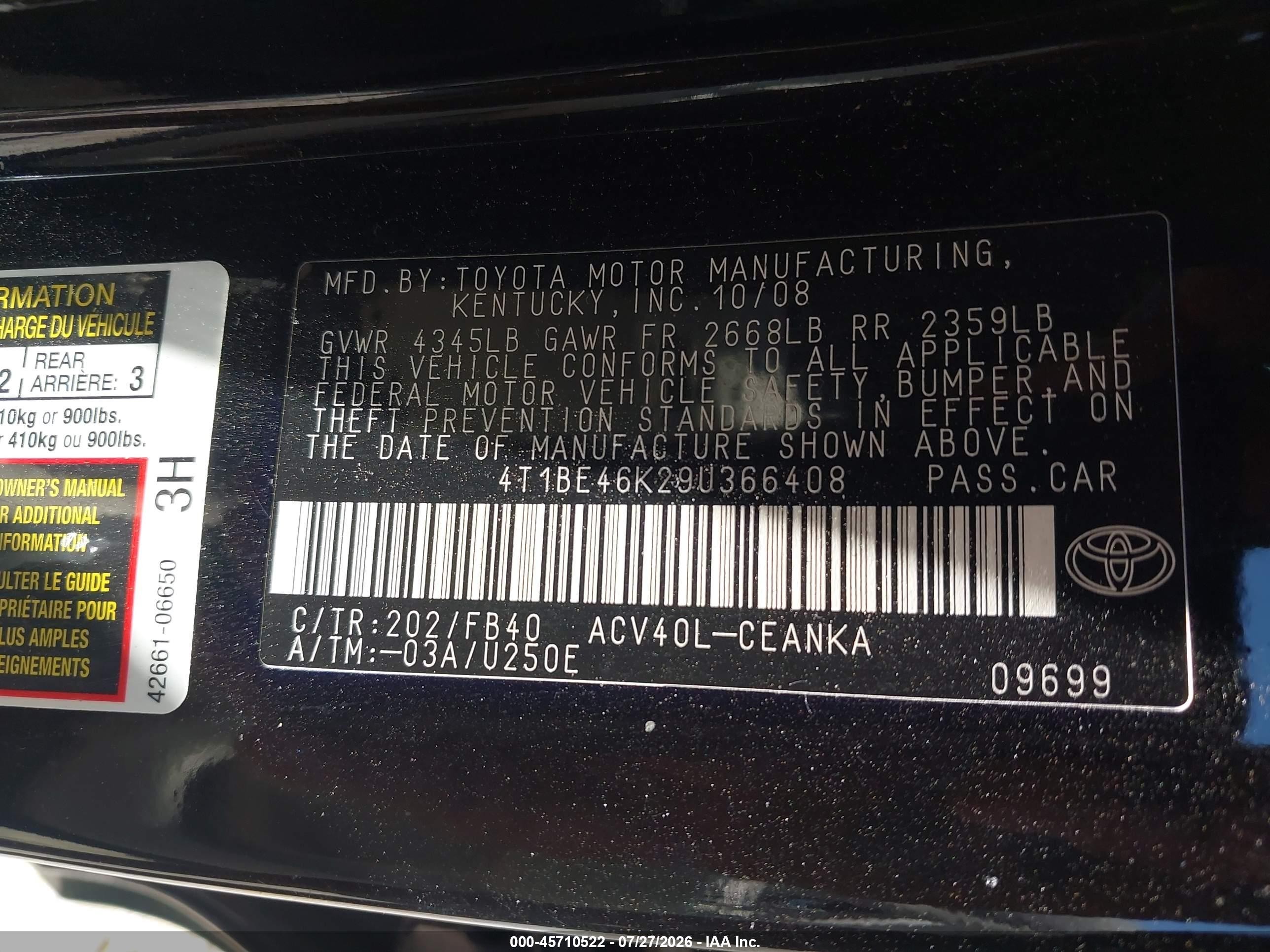 2009 Toyota Camry Le Black vin: 4T1BE46K29U366408