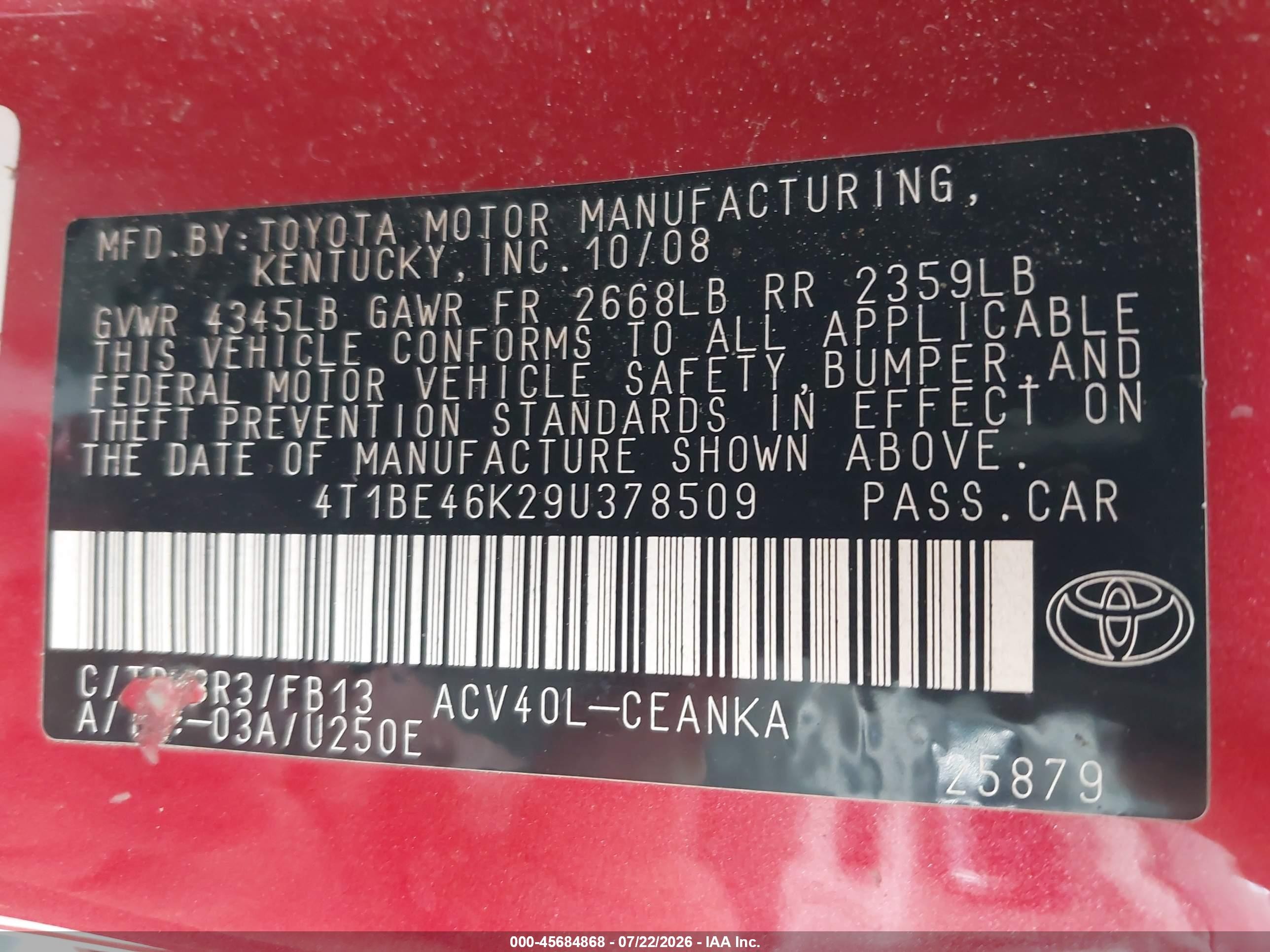2009 Toyota Camry Le Red vin: 4T1BE46K29U378509