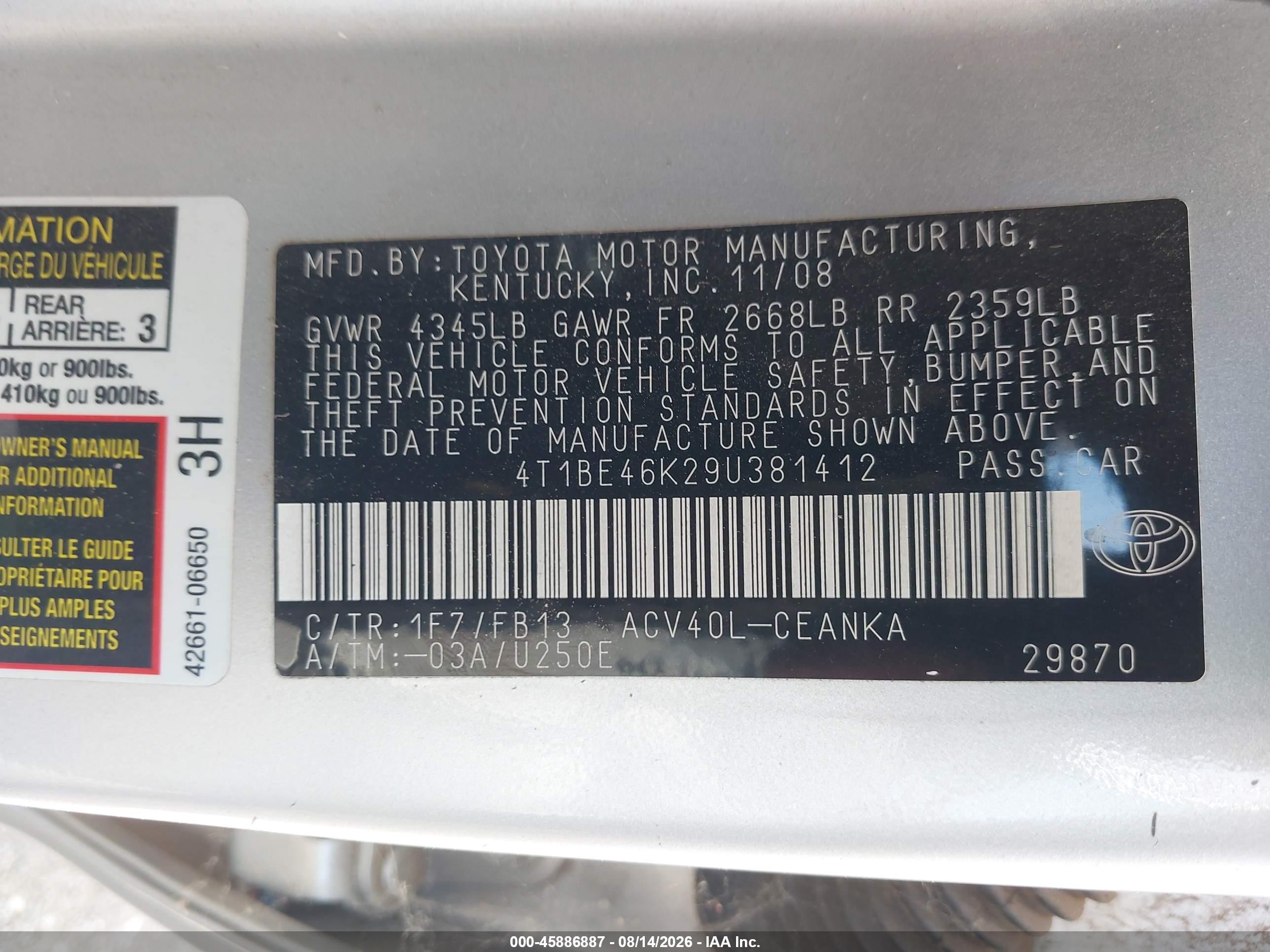 2009 Toyota Camry Le Серебряный vin: 4T1BE46K29U381412