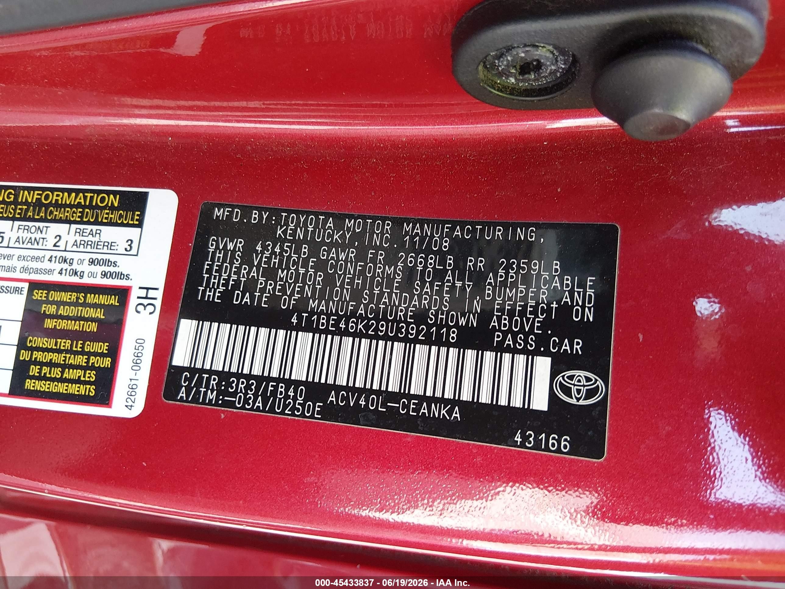 2009 Toyota Camry Le Red vin: 4T1BE46K29U392118