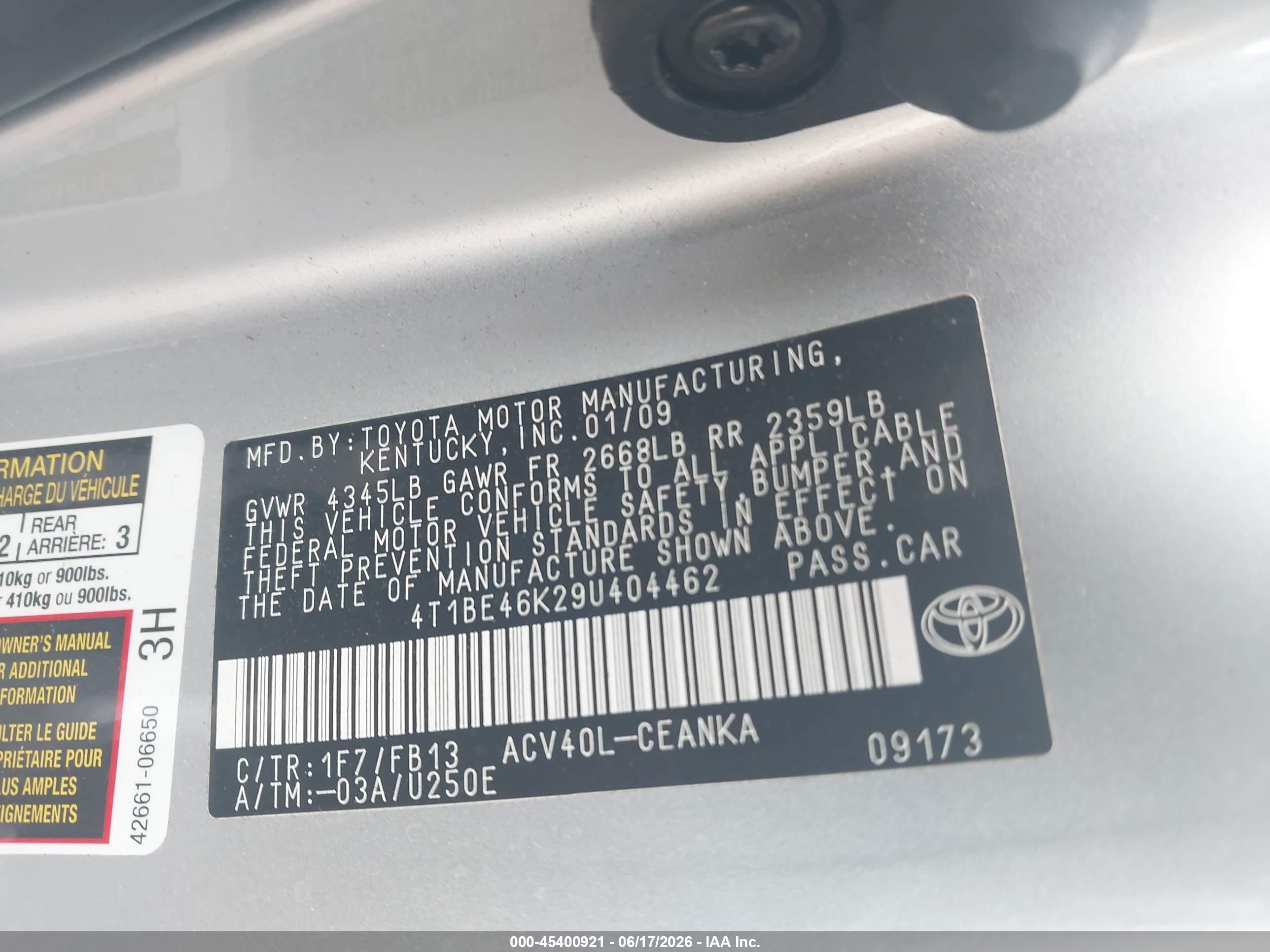 2009 Toyota Camry Le Silver vin: 4T1BE46K29U404462