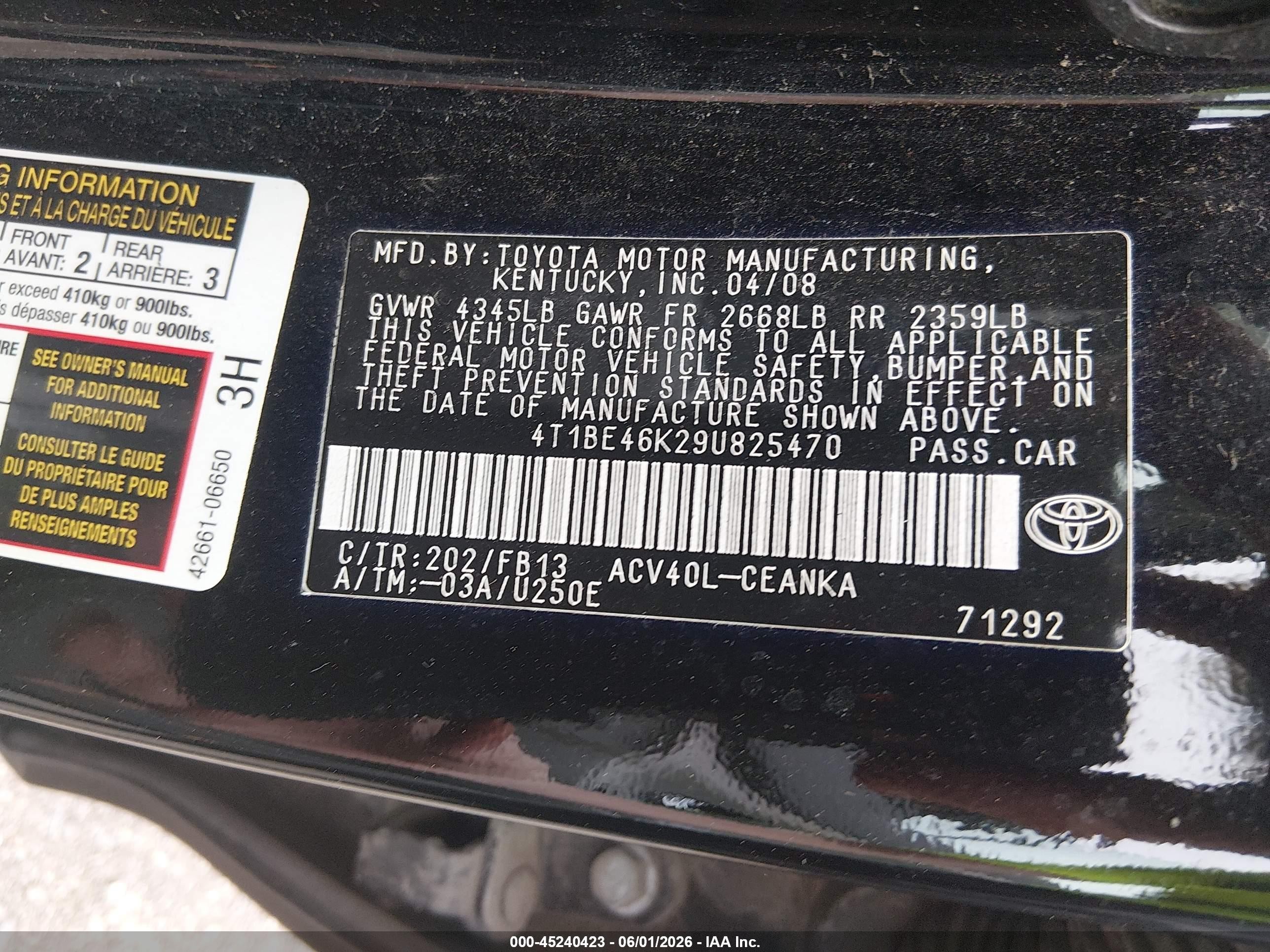 2009 Toyota Camry Le Black vin: 4T1BE46K29U825470