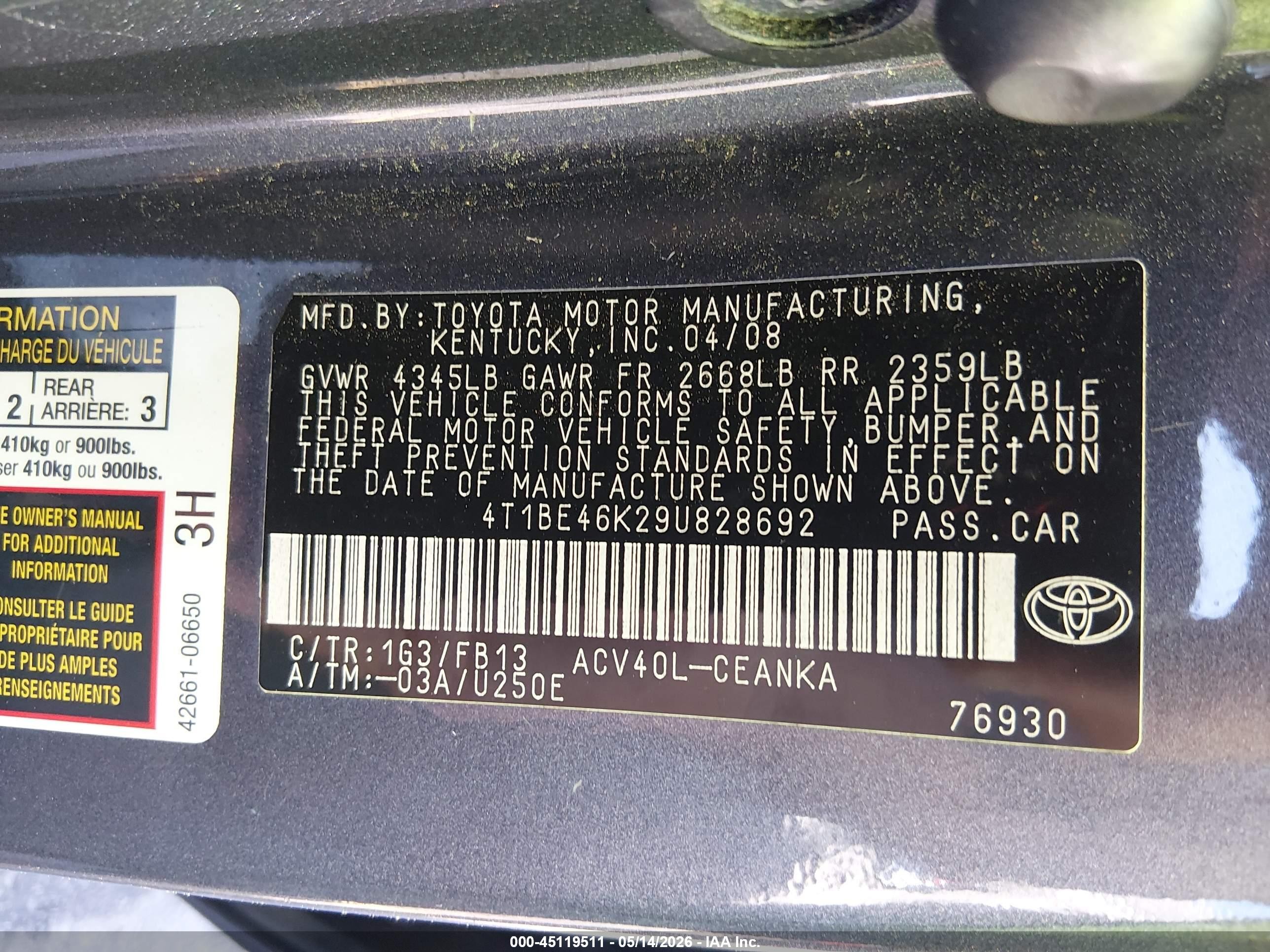 2009 Toyota Camry Se/le/xle Gray vin: 4T1BE46K29U828692