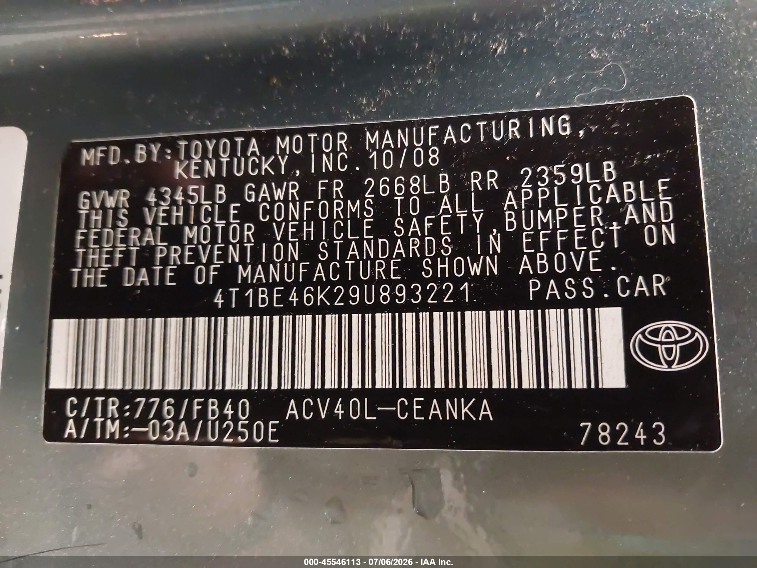 2009 Toyota Camry Le Light Blue vin: 4T1BE46K29U893221