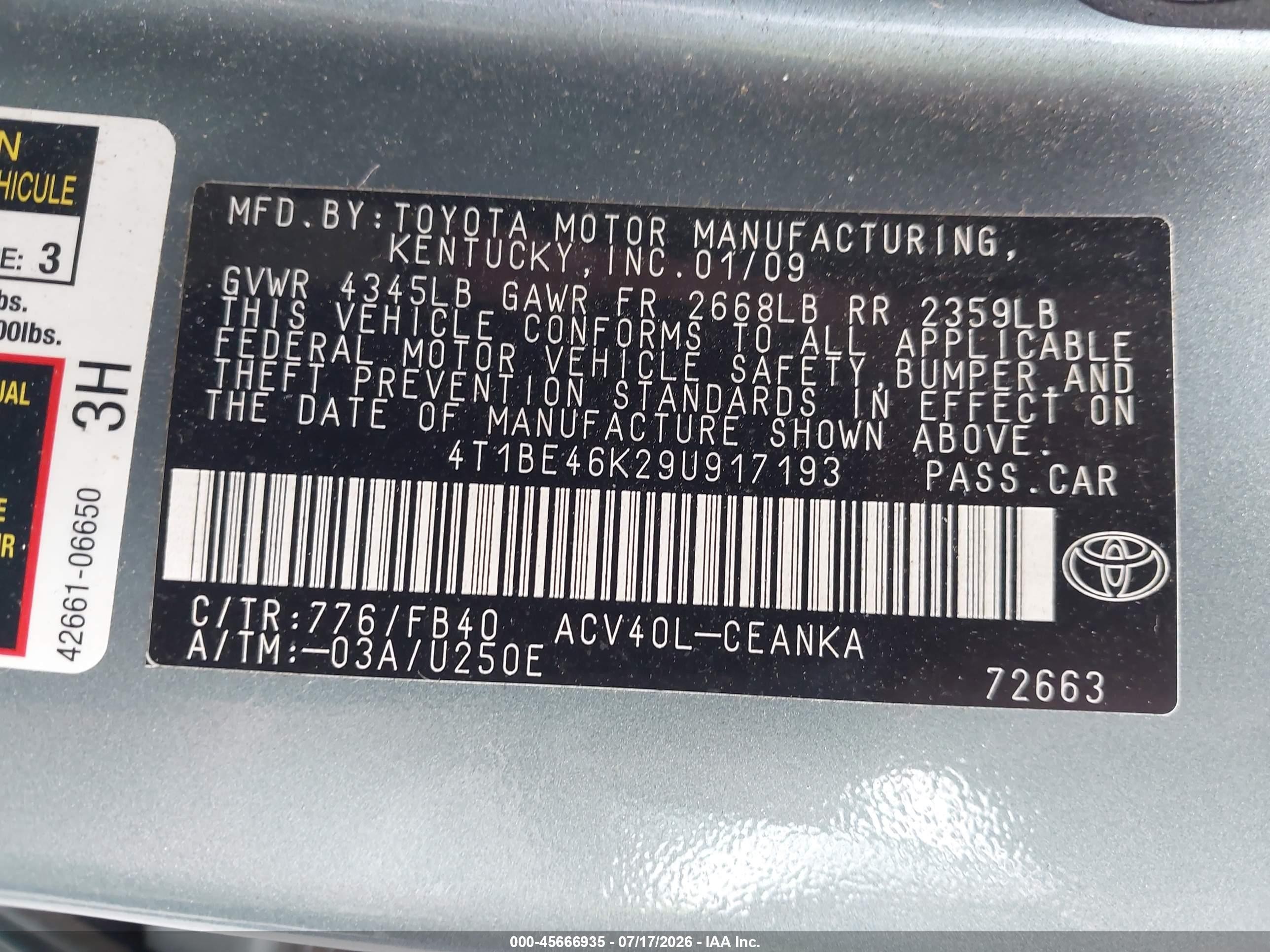 2009 Toyota Camry Le Green vin: 4T1BE46K29U917193