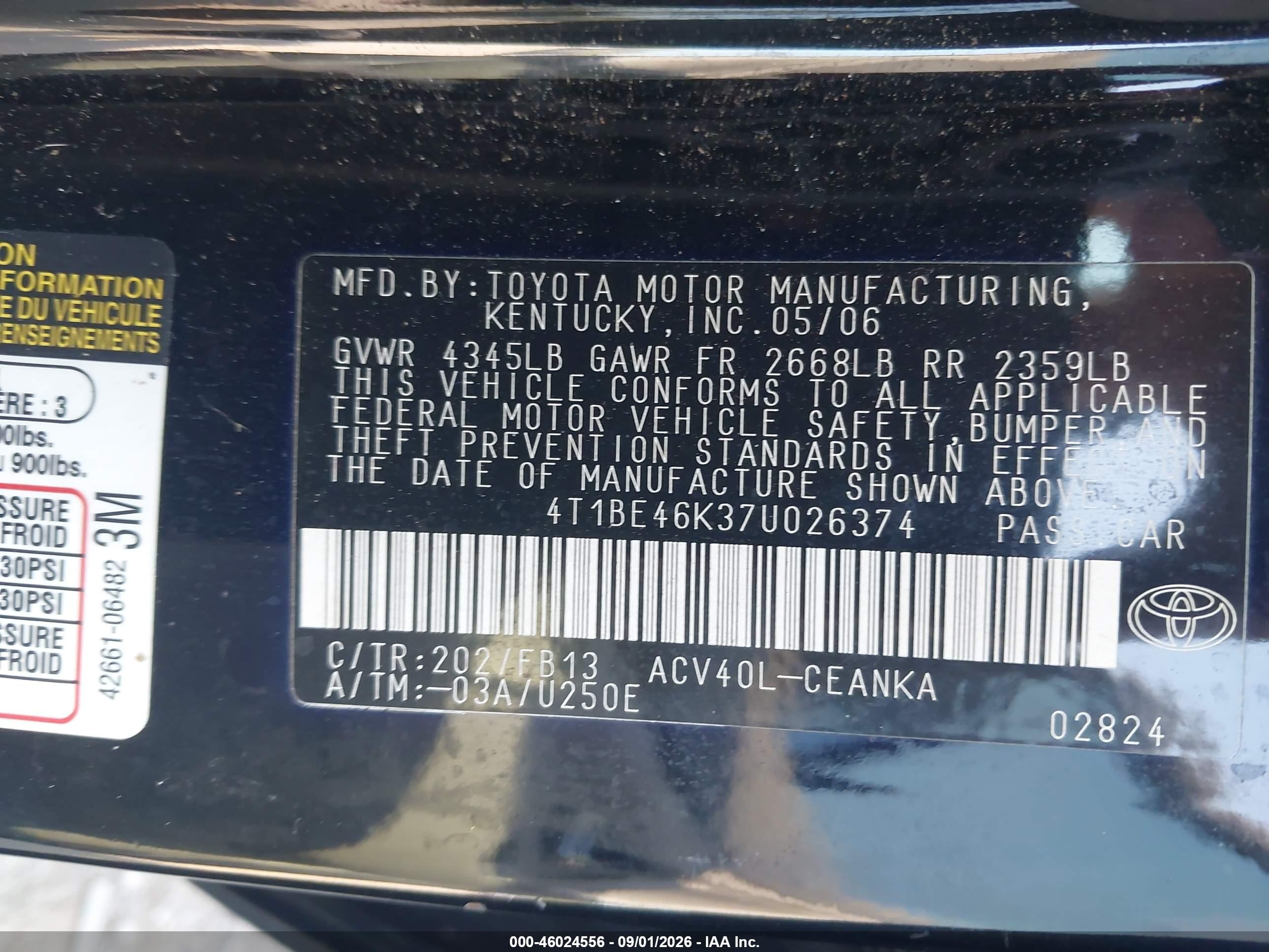 2007 Toyota Camry Le Черный vin: 4T1BE46K37U026374
