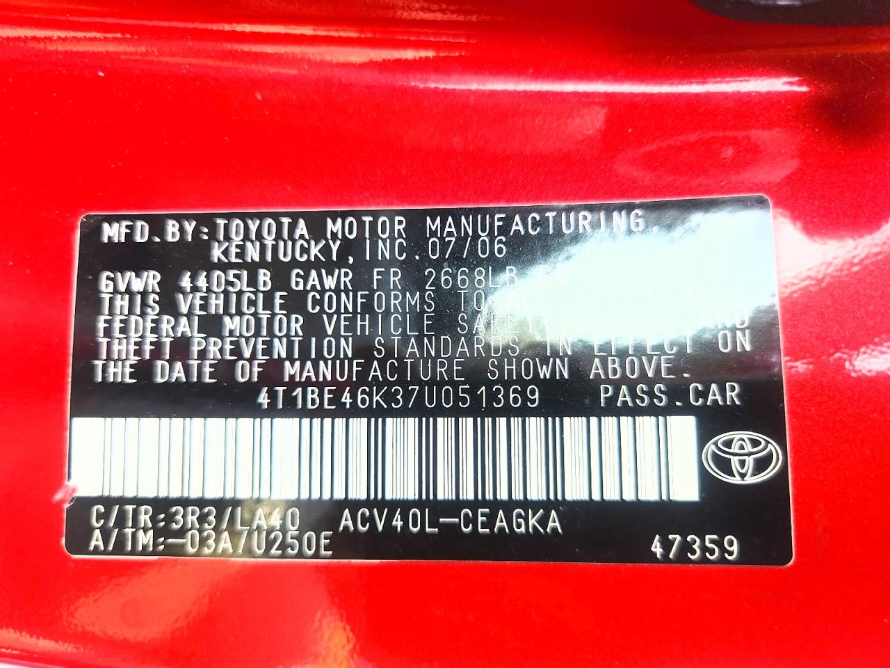 2007 Toyota Camry Xle Красный vin: 4T1BE46K37U051369