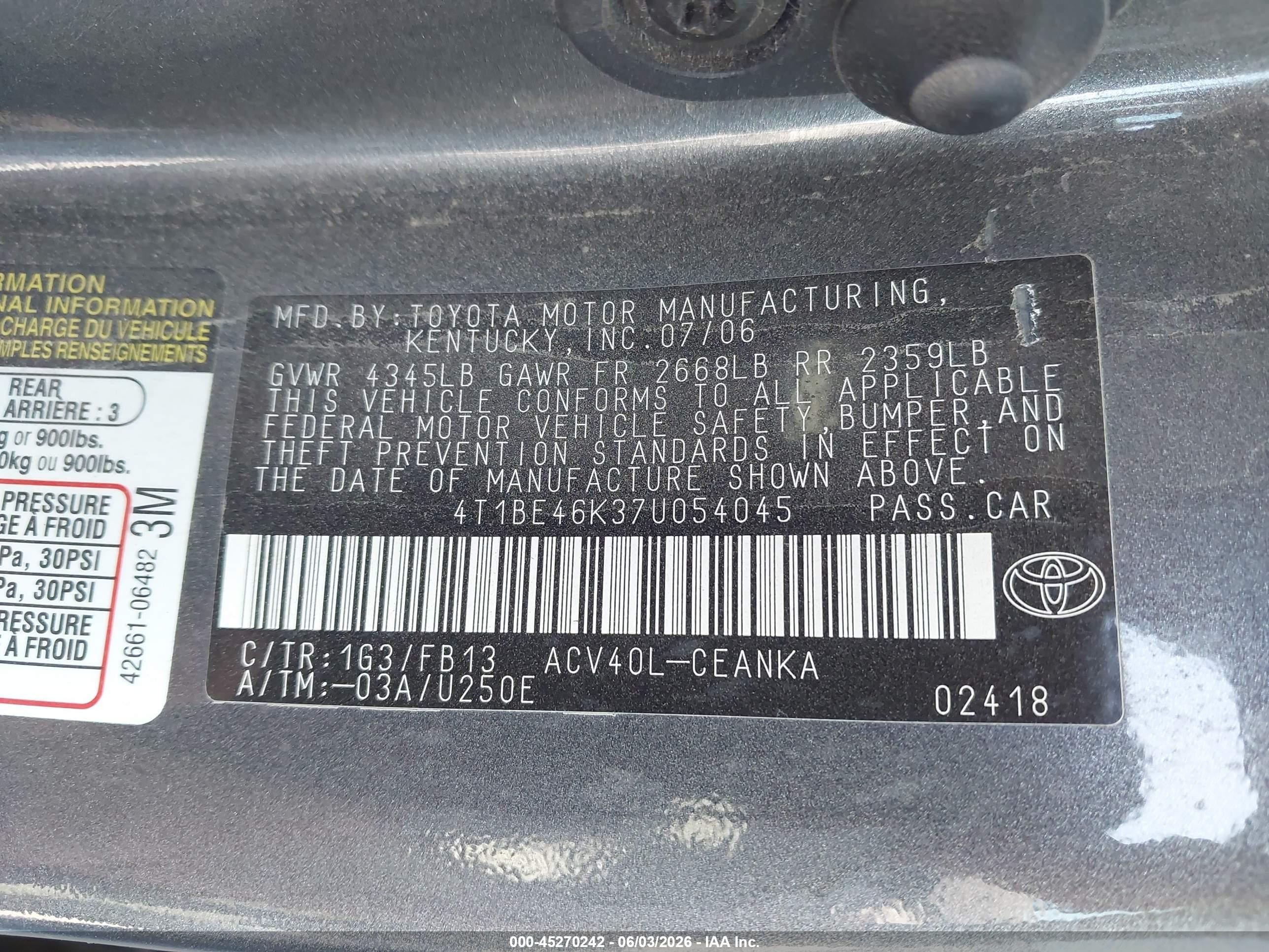 2007 Toyota Camry Le Gray vin: 4T1BE46K37U054045