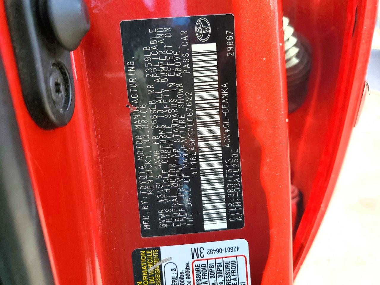 2007 Toyota Camry Le Red vin: 4T1BE46K37U067622