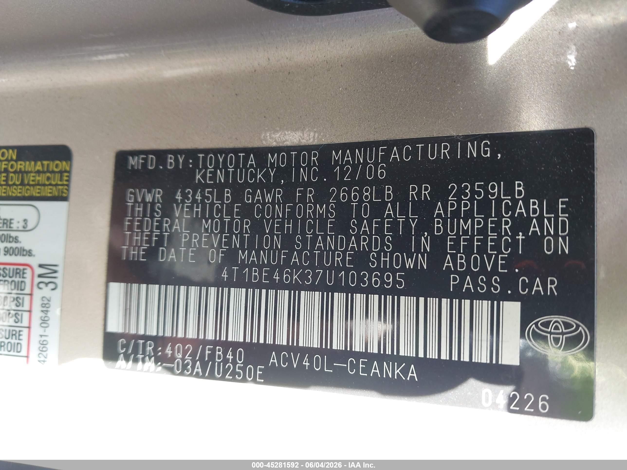 2007 Toyota Camry Ce Gold vin: 4T1BE46K37U103695