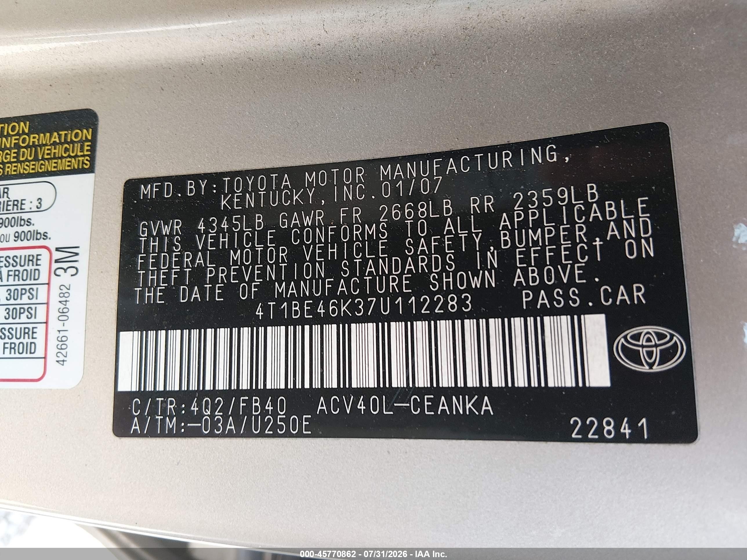 2007 Toyota Camry Le Gold vin: 4T1BE46K37U112283