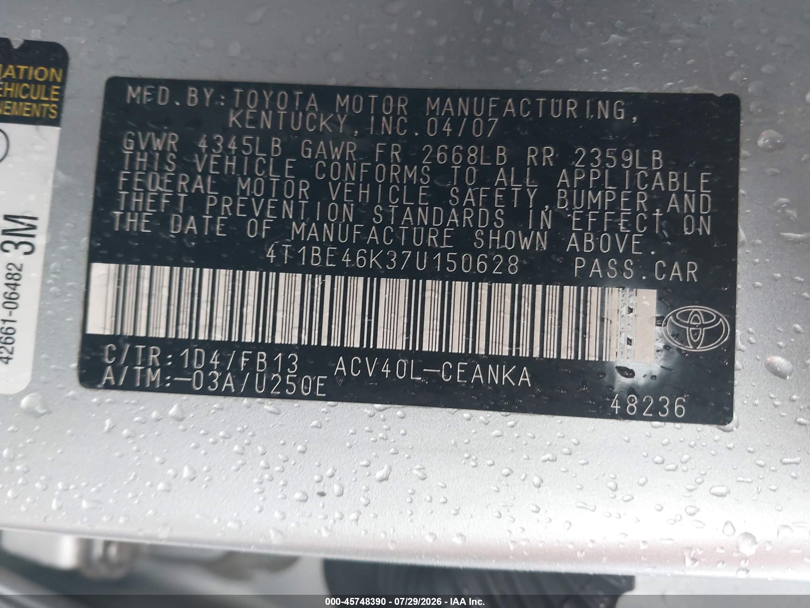 2007 Toyota Camry Le Silver vin: 4T1BE46K37U150628