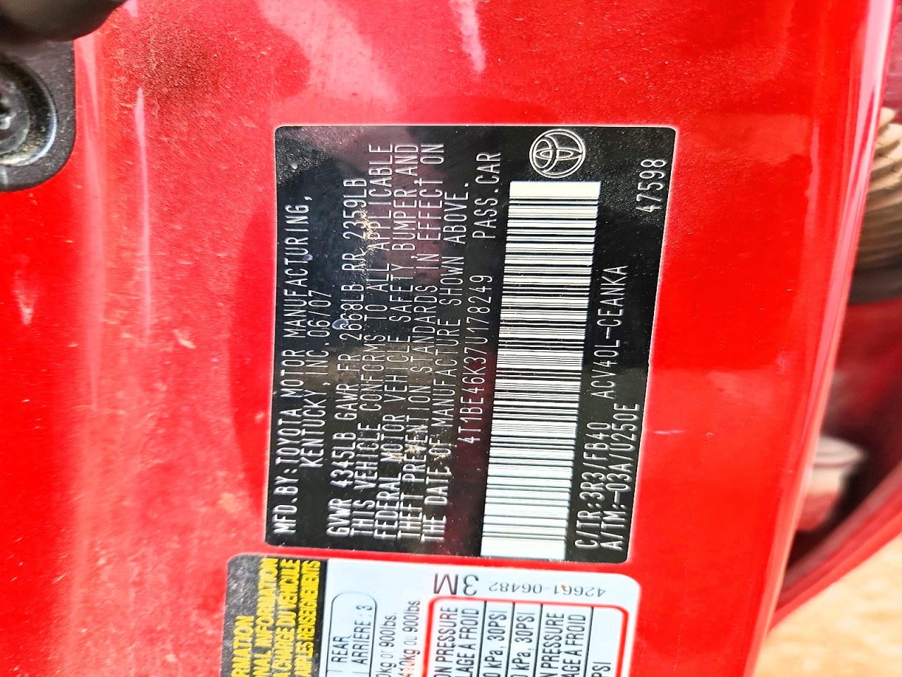 2007 Toyota Camry Le Red vin: 4T1BE46K37U178249