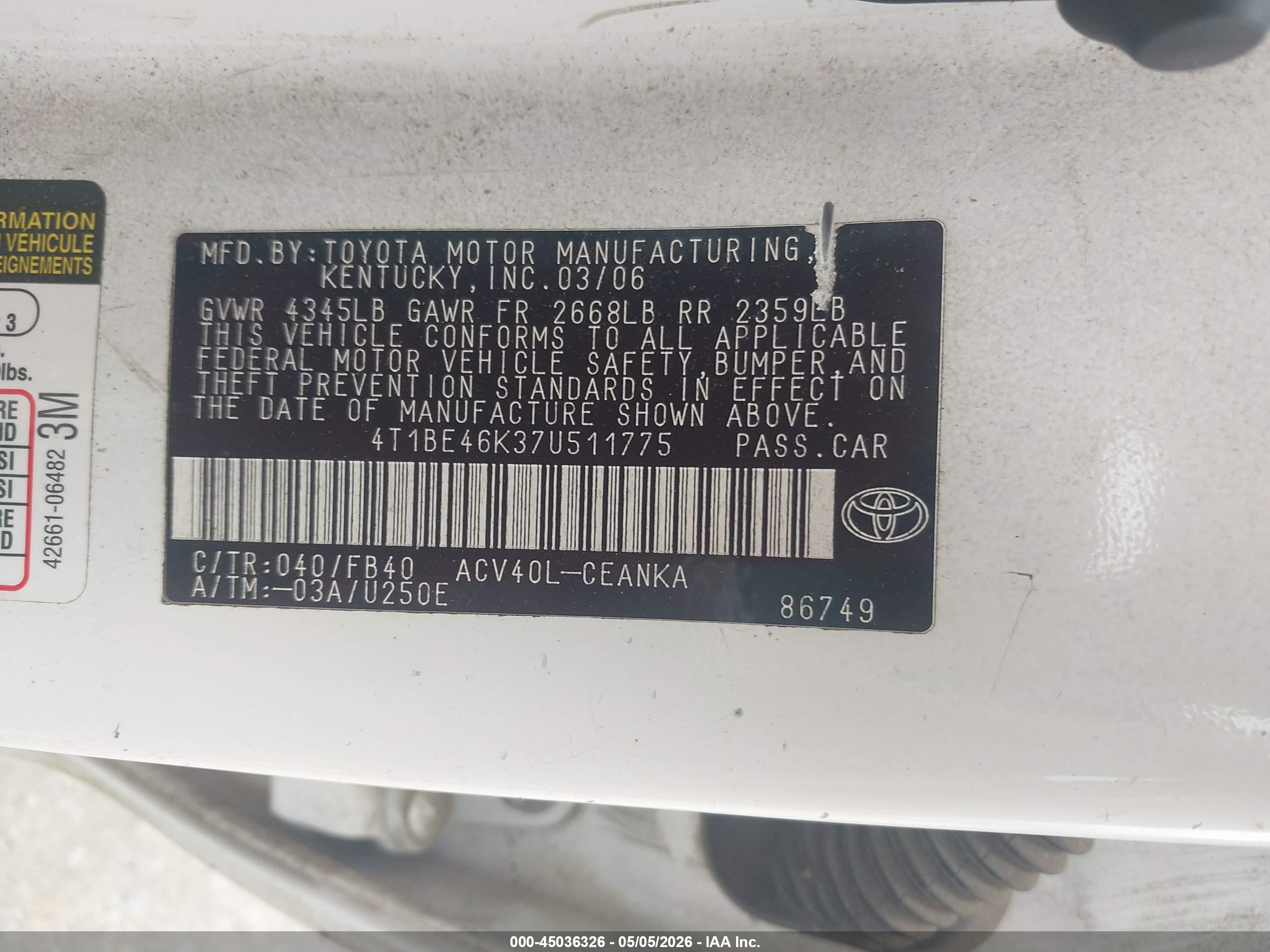 2007 Toyota Camry Ce White vin: 4T1BE46K37U511775