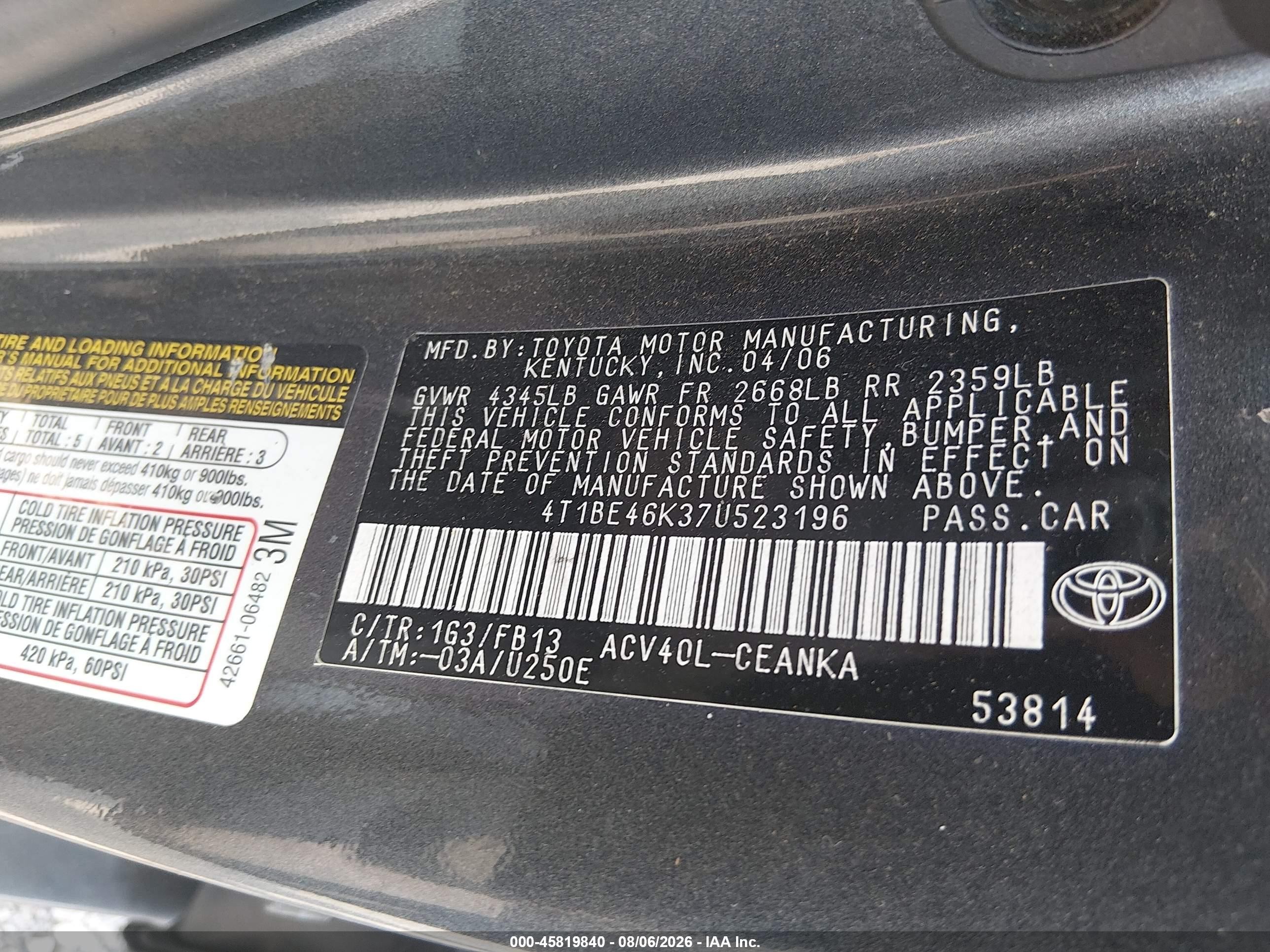 2007 Toyota Camry Le Gray vin: 4T1BE46K37U523196