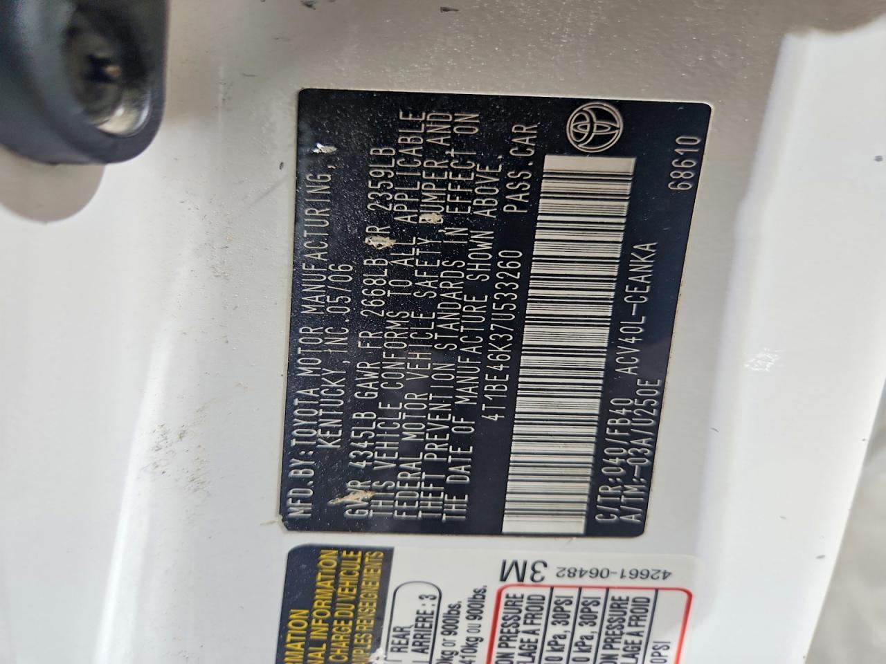 2007 Toyota Camry Le White vin: 4T1BE46K37U533260