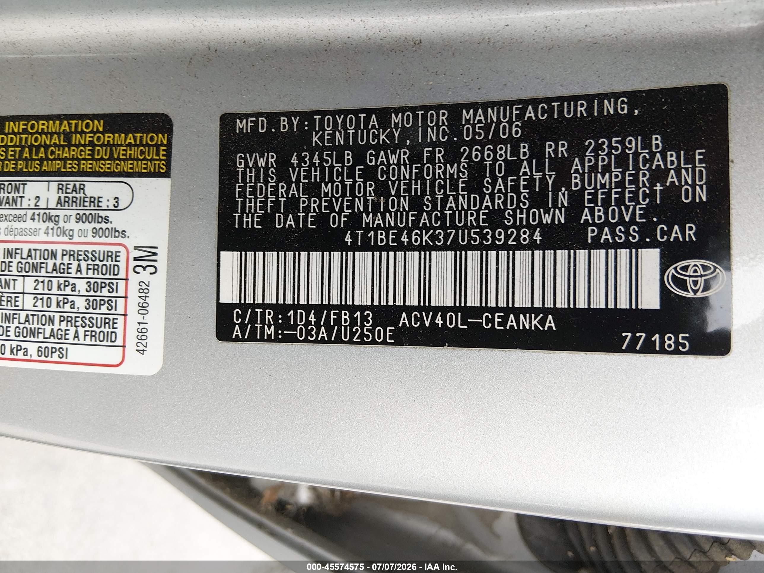 2007 Toyota Camry Le Silver vin: 4T1BE46K37U539284