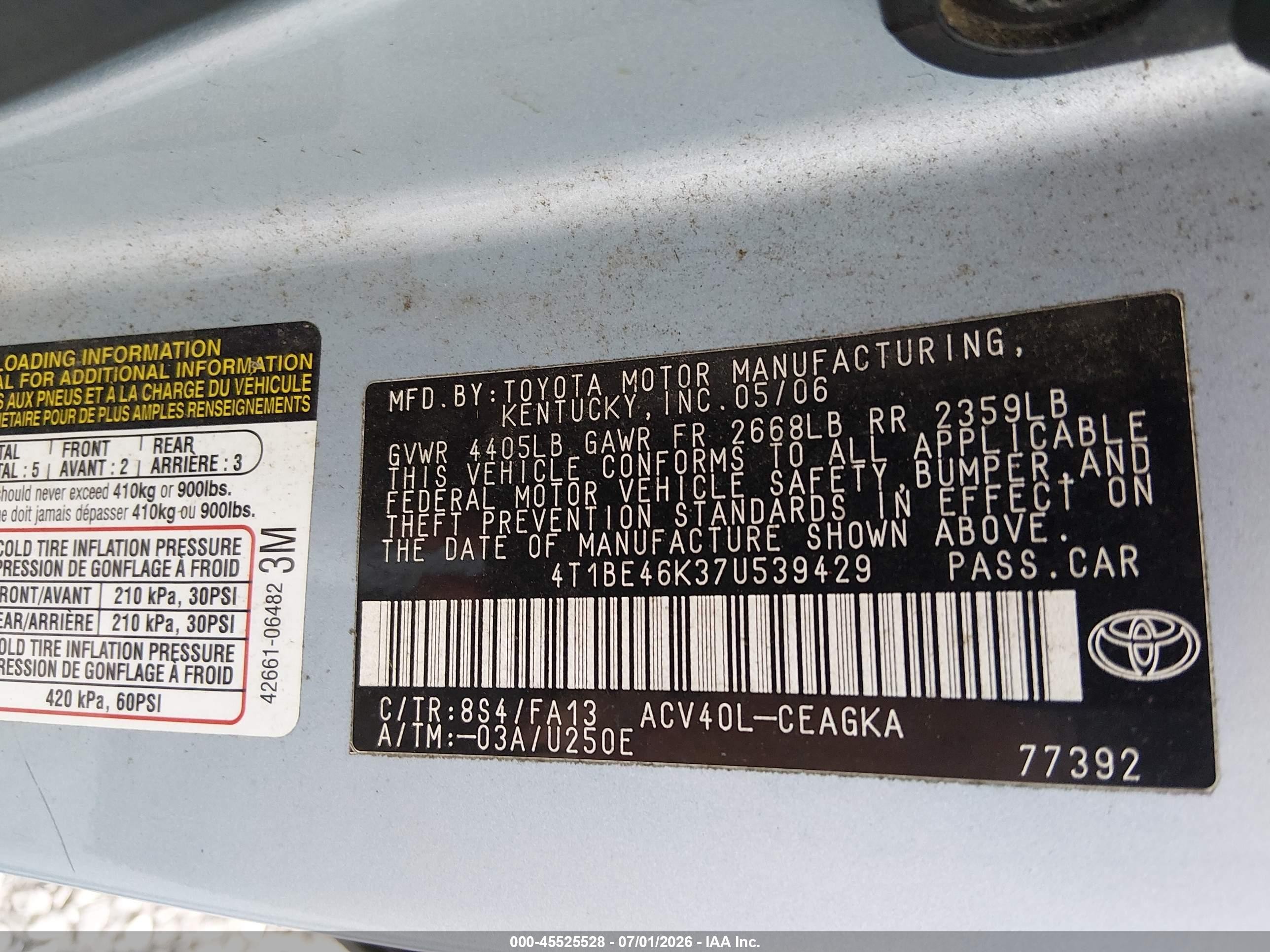 2007 Toyota Camry Xle Blue vin: 4T1BE46K37U539429