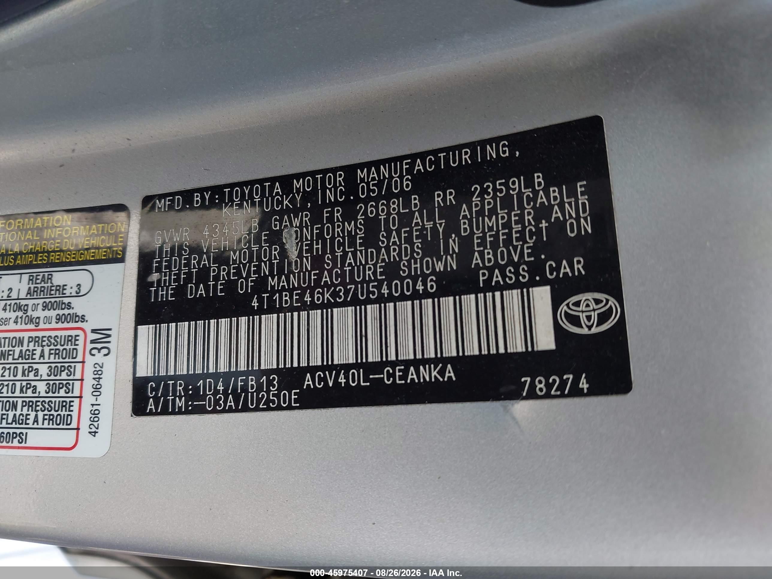 2007 Toyota Camry Le Silver vin: 4T1BE46K37U540046