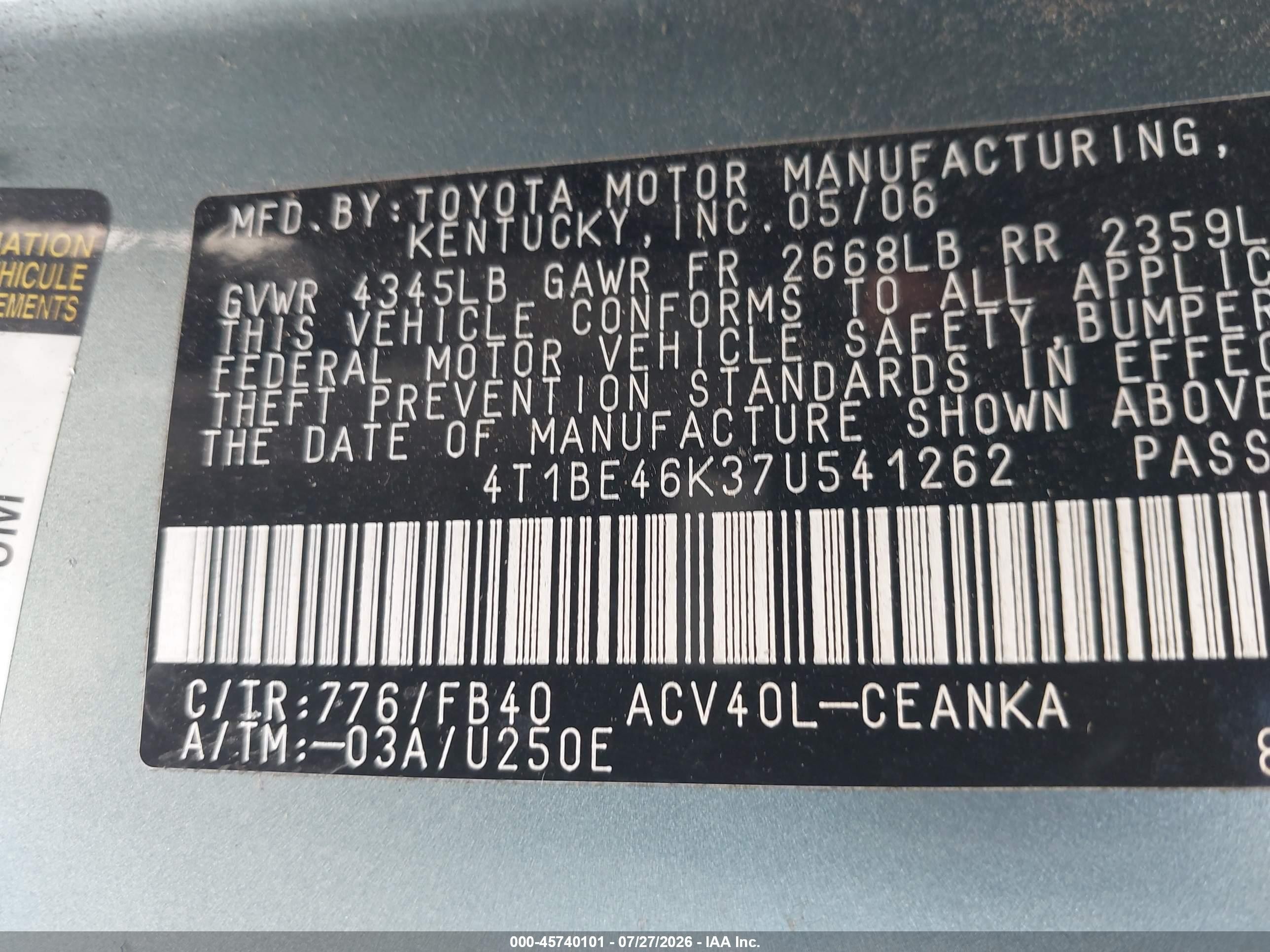 2007 Toyota Camry Le Turquoise vin: 4T1BE46K37U541262