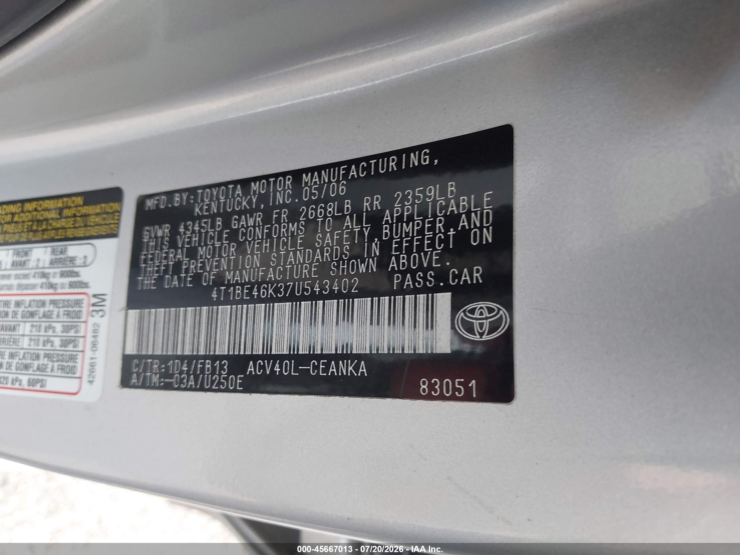 2007 Toyota Camry Le Silver vin: 4T1BE46K37U543402