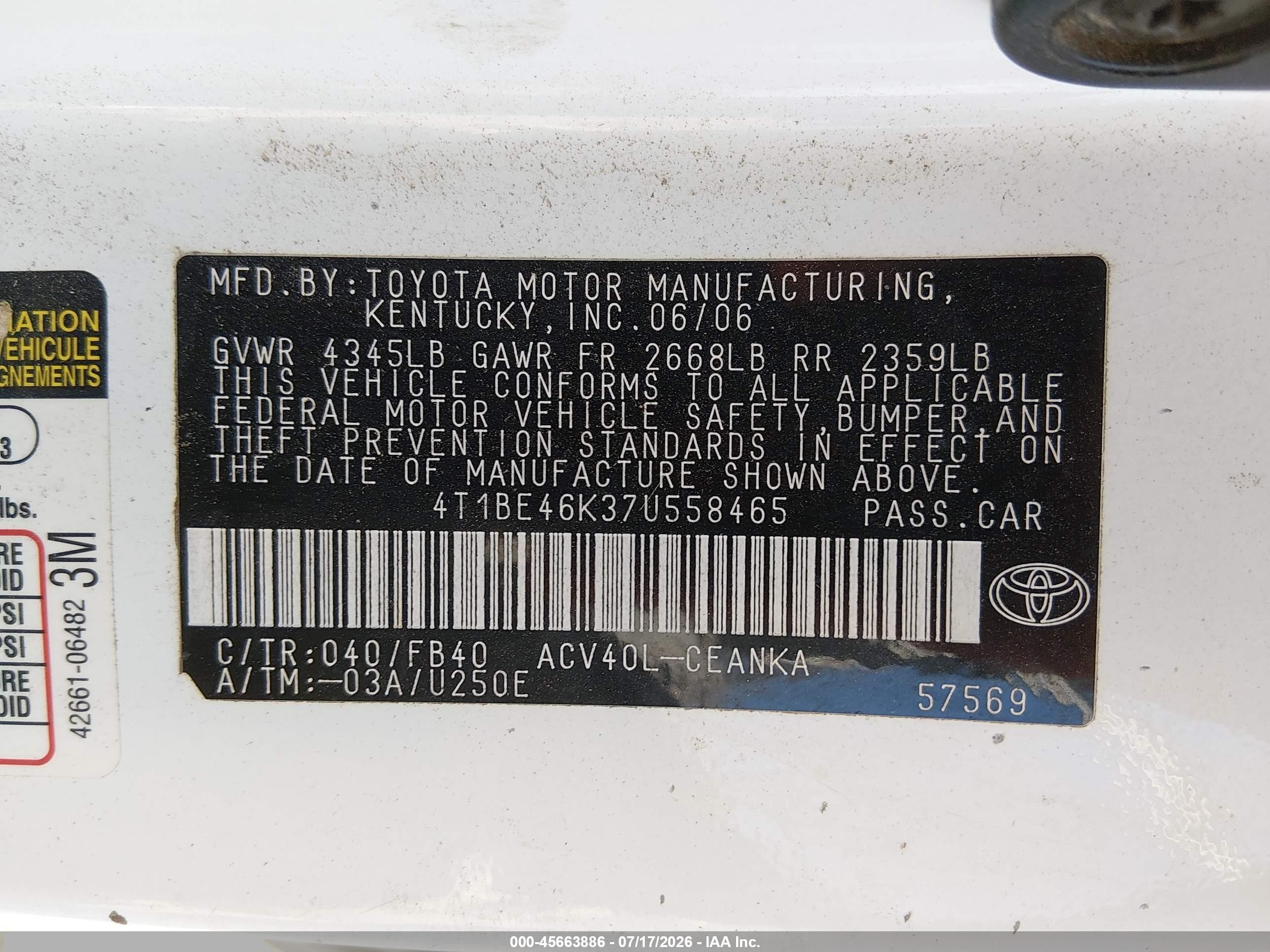 2007 Toyota Camry Le White vin: 4T1BE46K37U558465