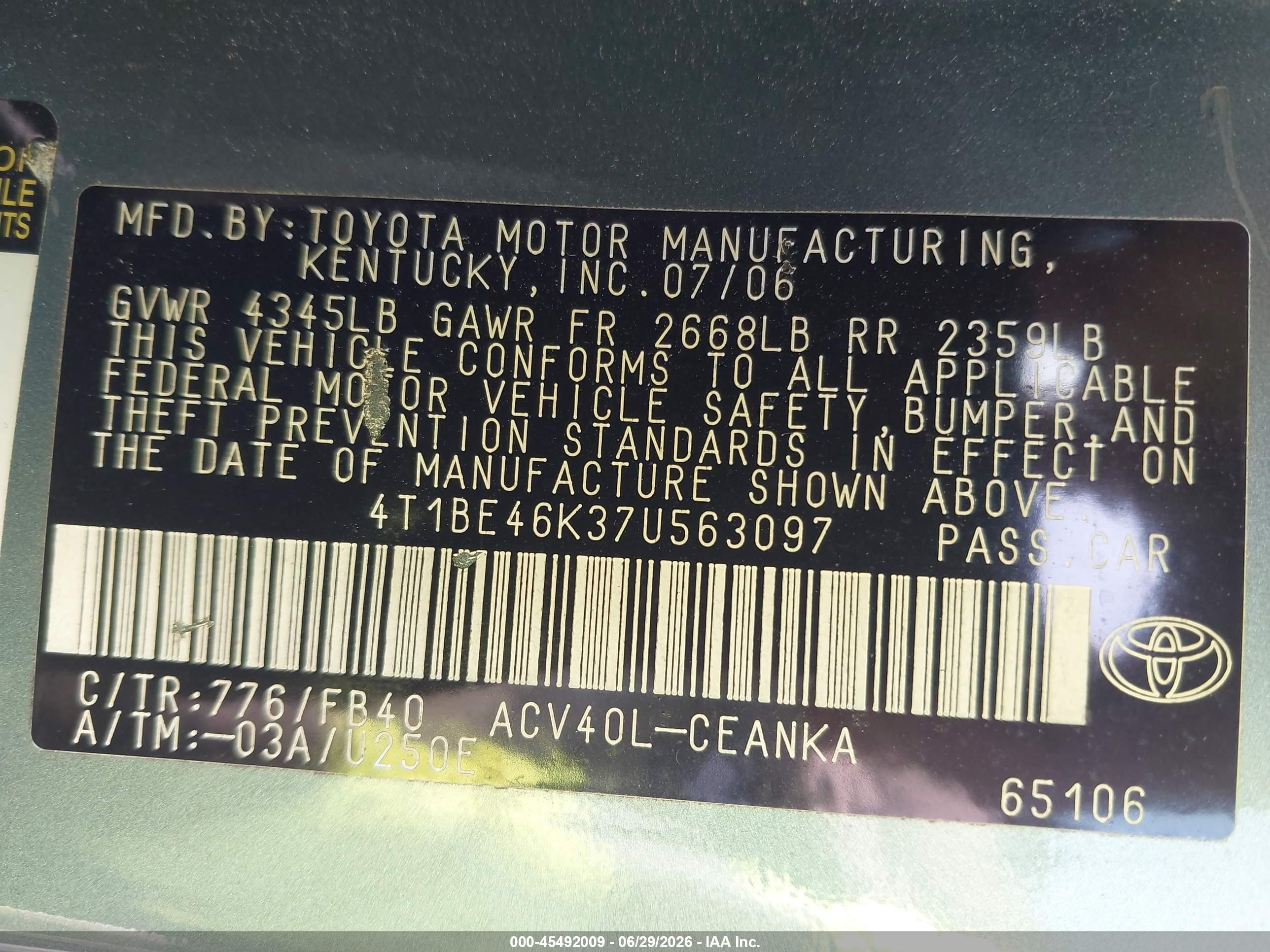 2007 Toyota Camry Le Green vin: 4T1BE46K37U563097