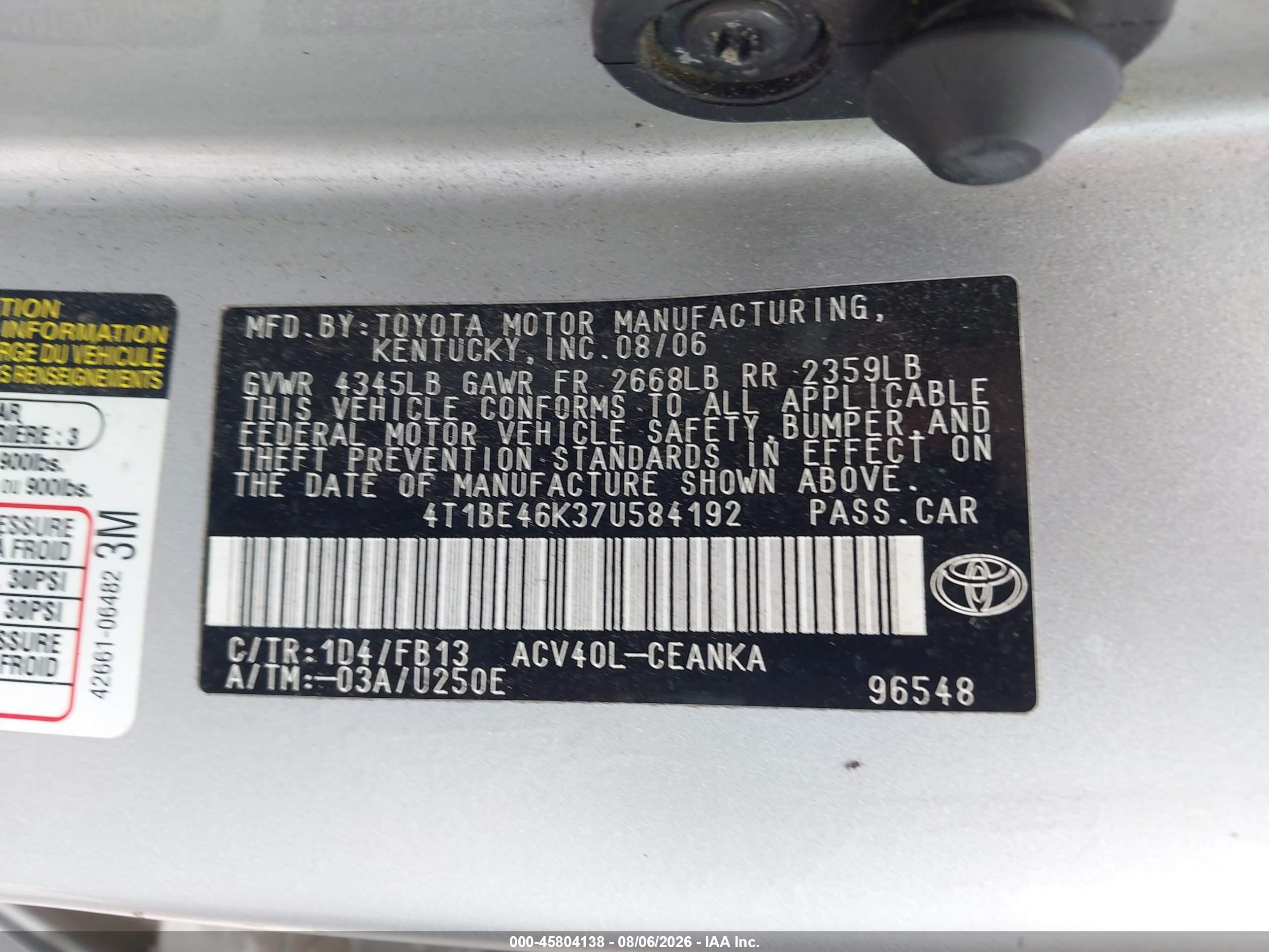 2007 Toyota Camry Le Silver vin: 4T1BE46K37U584192