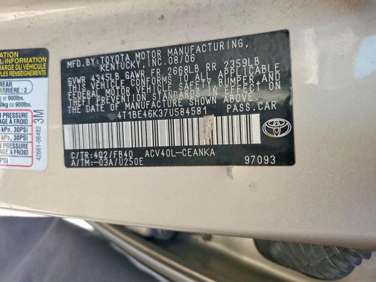 2007 Toyota Camry Le Gold vin: 4T1BE46K37U584581