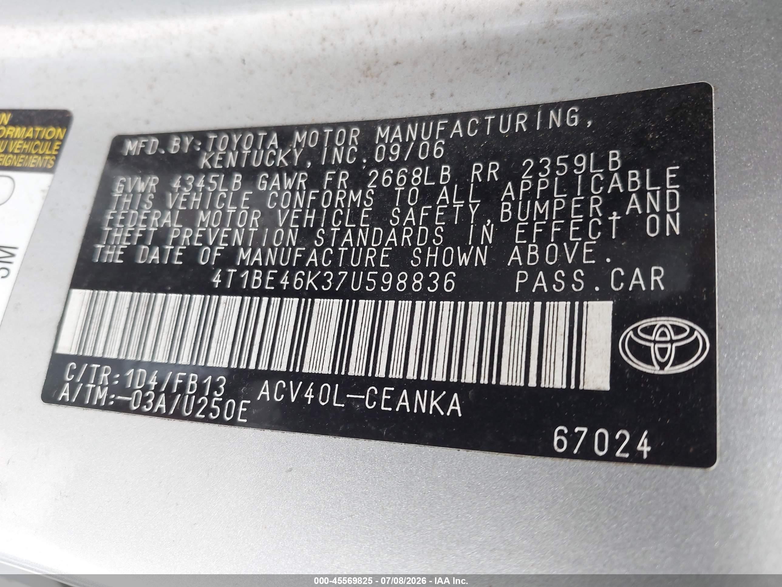 2007 Toyota Camry Le Silver vin: 4T1BE46K37U598836