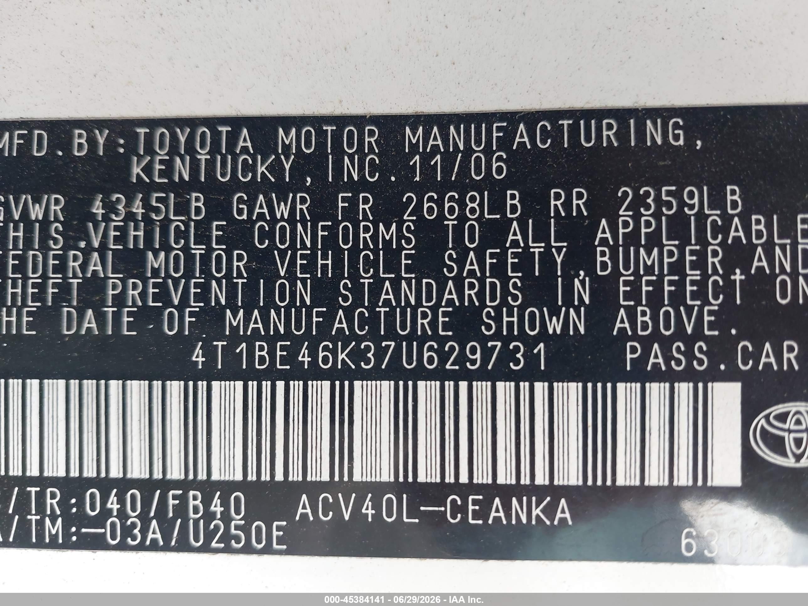 2007 Toyota Camry Le White vin: 4T1BE46K37U629731
