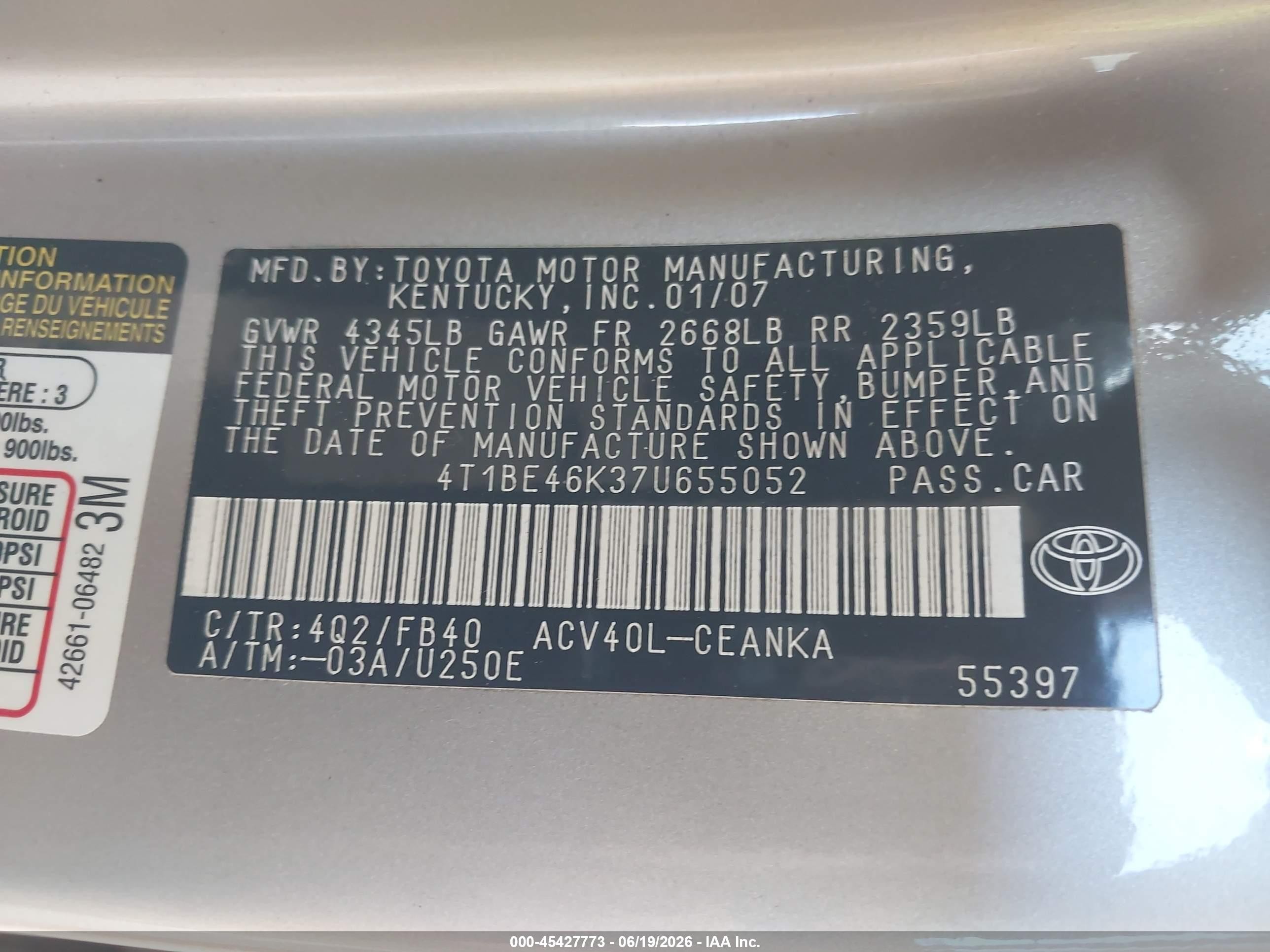 2007 Toyota Camry Le Gold vin: 4T1BE46K37U655052