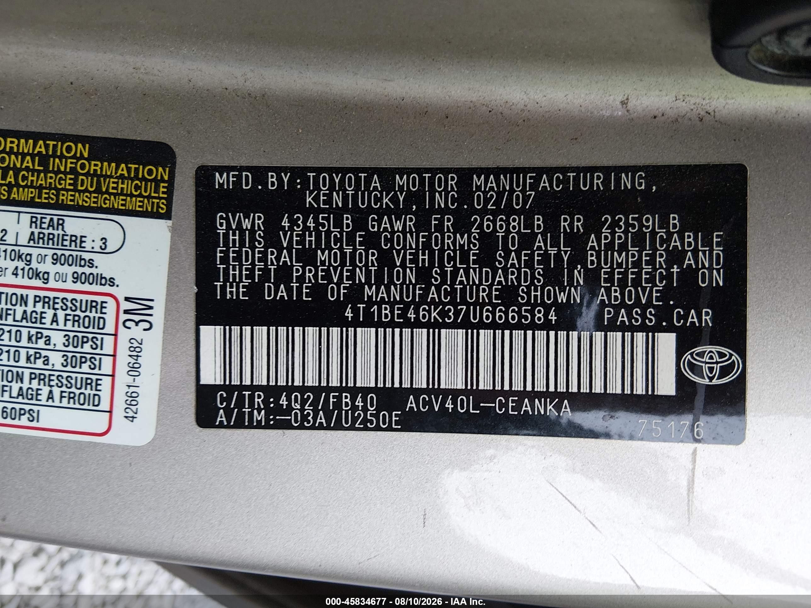 2007 Toyota Camry Le Серый vin: 4T1BE46K37U666584
