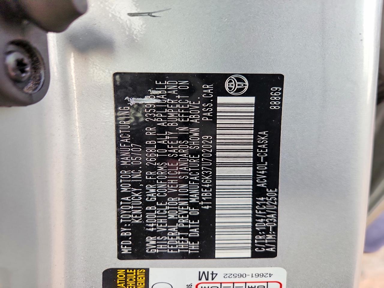 2007 Toyota Camry Ce Silver vin: 4T1BE46K37U702029