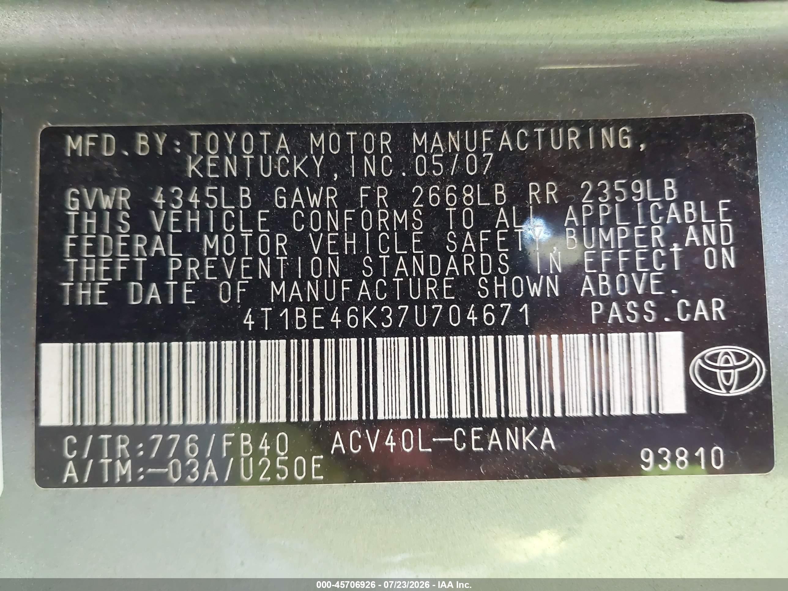 2007 Toyota Camry Le Teal vin: 4T1BE46K37U704671