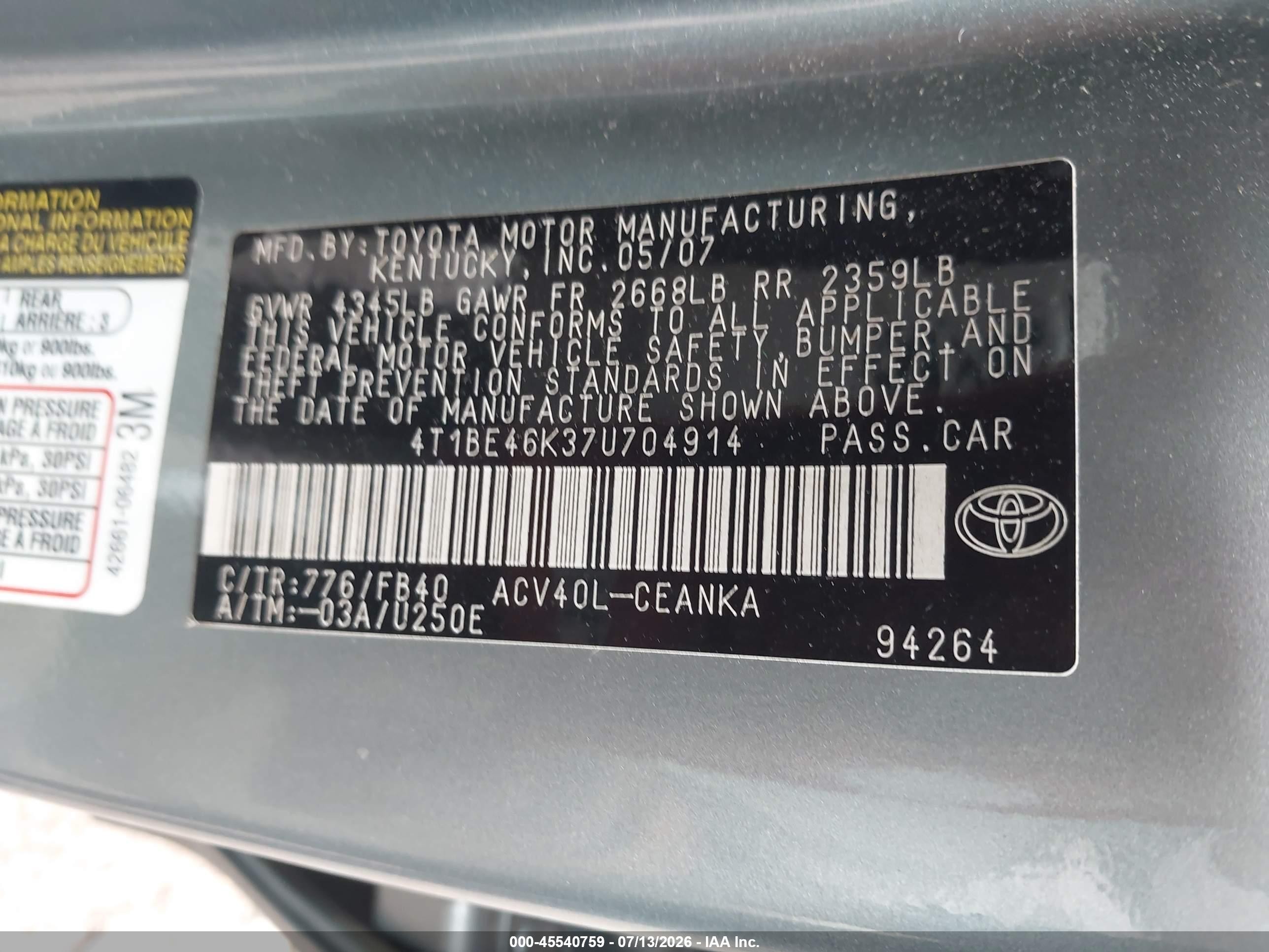 2007 Toyota Camry Le Синий vin: 4T1BE46K37U704914