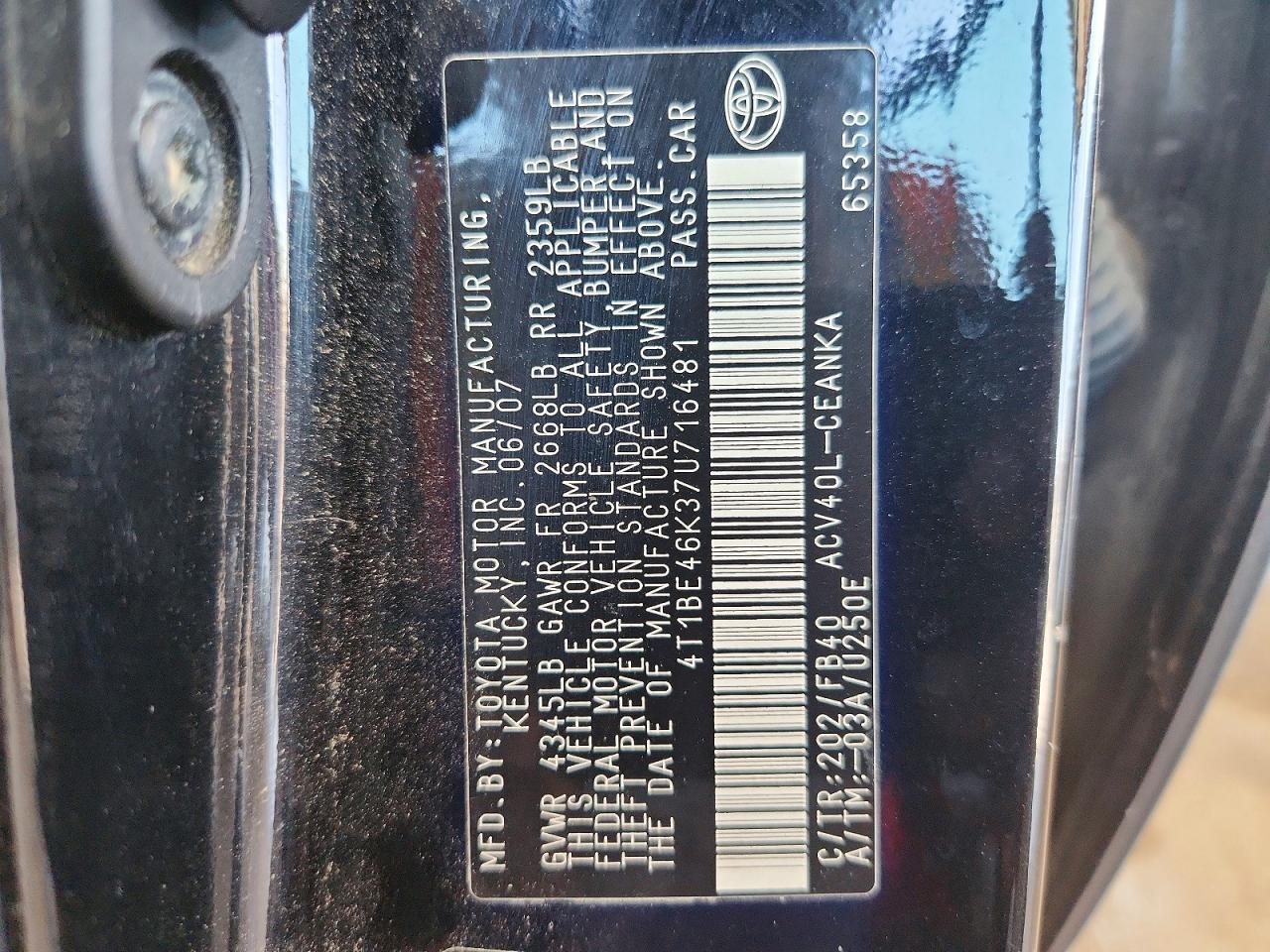 2007 Toyota Camry Le Black vin: 4T1BE46K37U716481