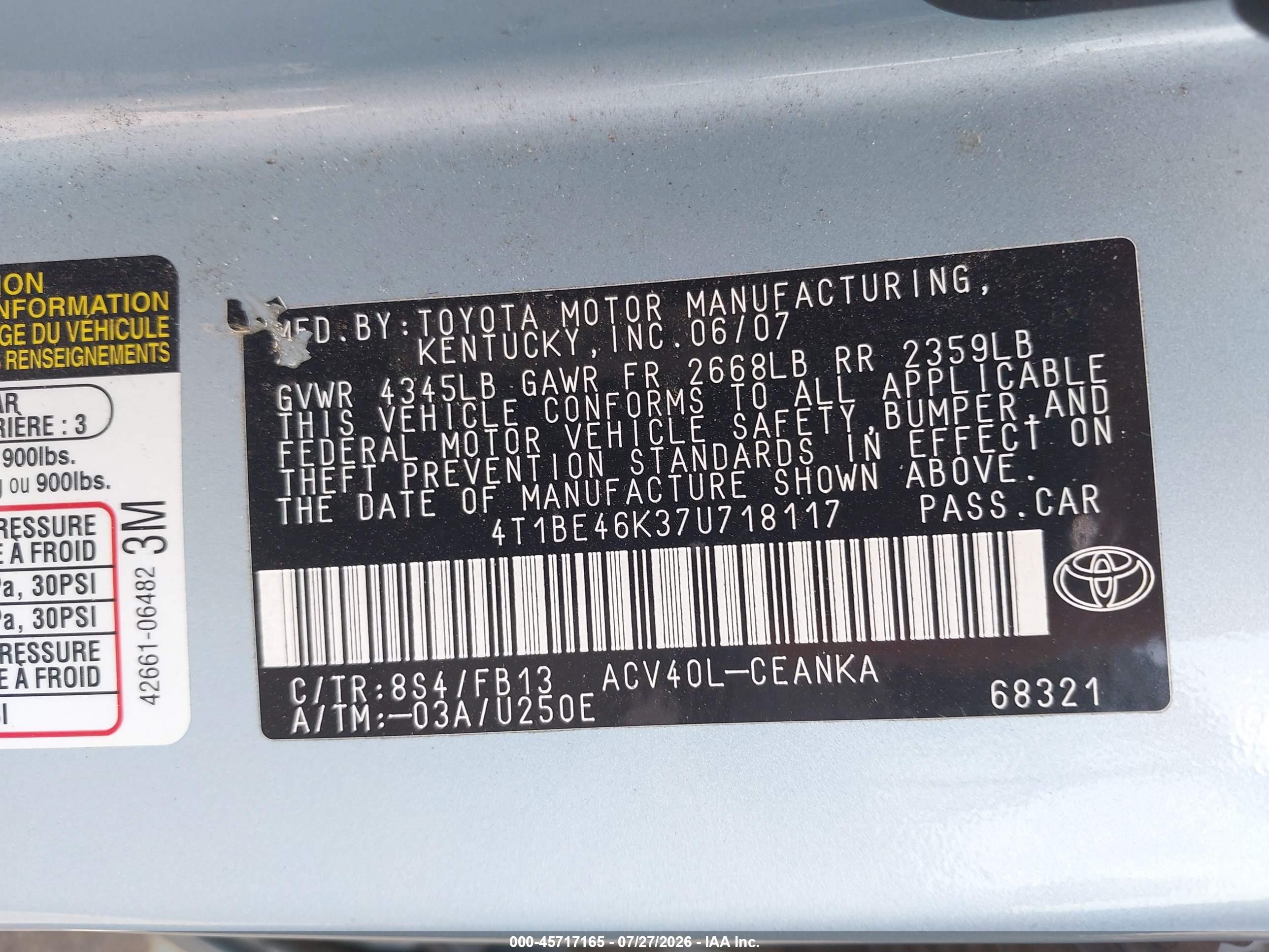 2007 Toyota Camry Le Blue vin: 4T1BE46K37U718117